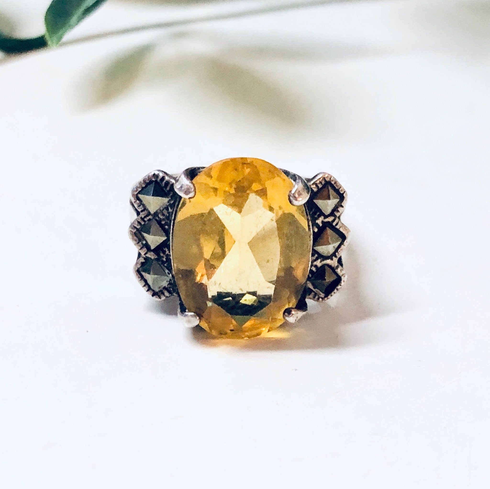 Vintage Silver Ring, Citrine Ring, Oval Cut Gemstone, Marcasite Jewelry, Vintage Jewelry, Promise Ring, Engagement Jewelry, Statement Ring