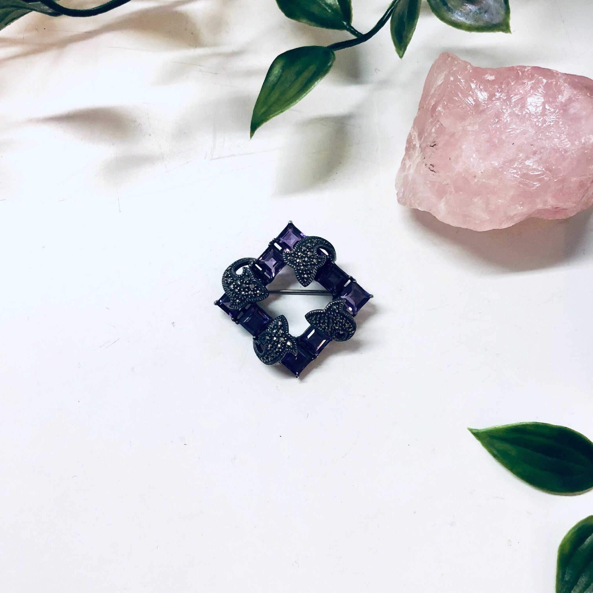 Vintage Silver Brooch, Amethyst Brooch, Marcasite Jewelry, Vintage Jewelry, Square Brooch, Vintage Pin, Square Amethyst Stones, Purple