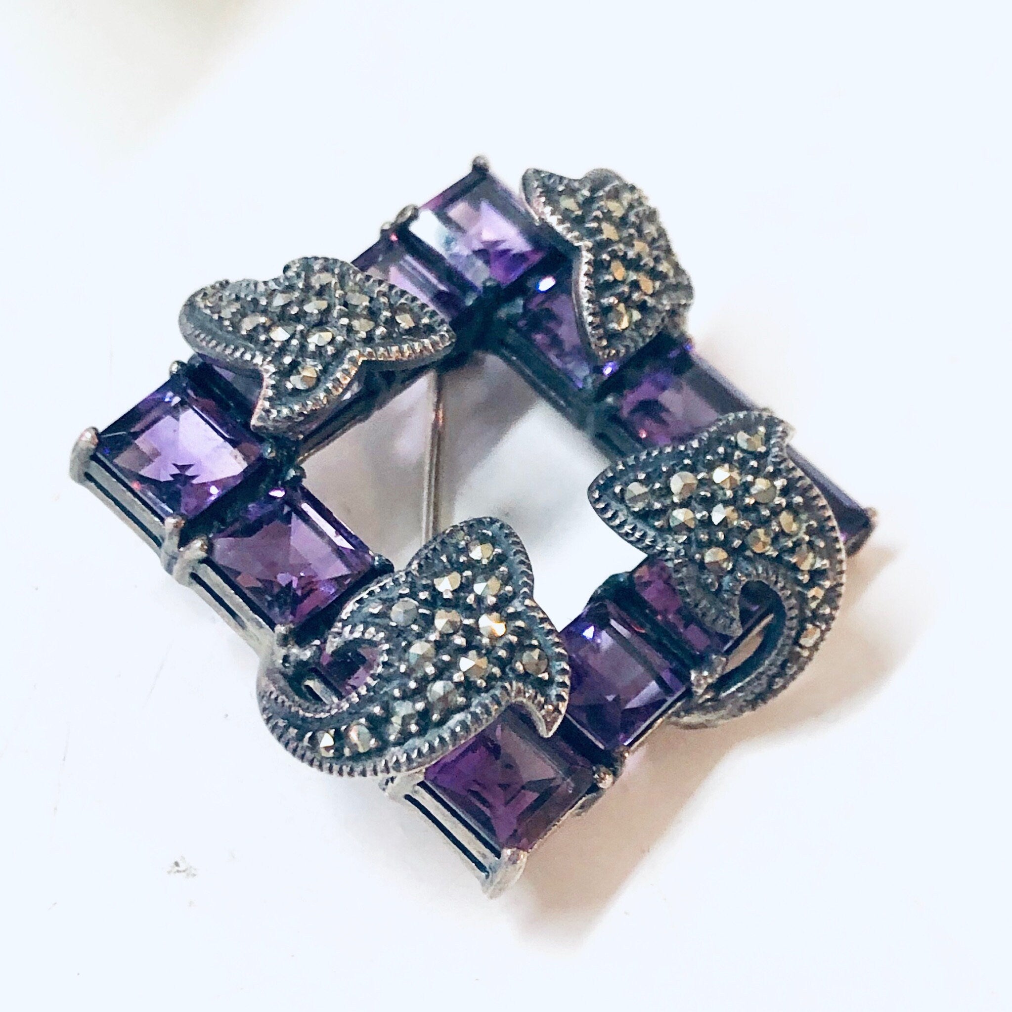 Vintage Silver Brooch, Amethyst Brooch, Marcasite Jewelry, Vintage Jewelry, Square Brooch, Vintage Pin, Square Amethyst Stones, Purple