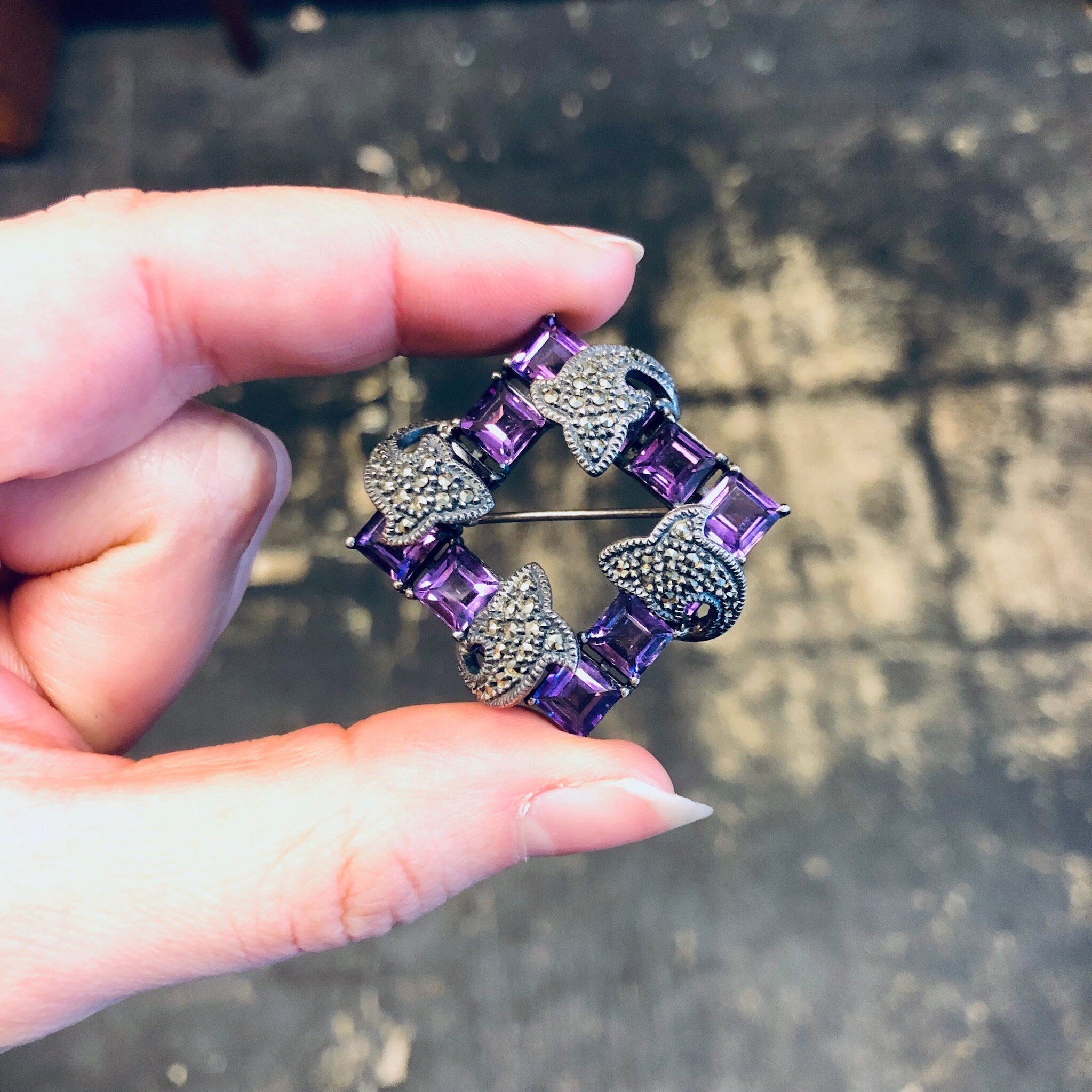 Vintage Silver Brooch, Amethyst Brooch, Marcasite Jewelry, Vintage Jewelry, Square Brooch, Vintage Pin, Square Amethyst Stones, Purple