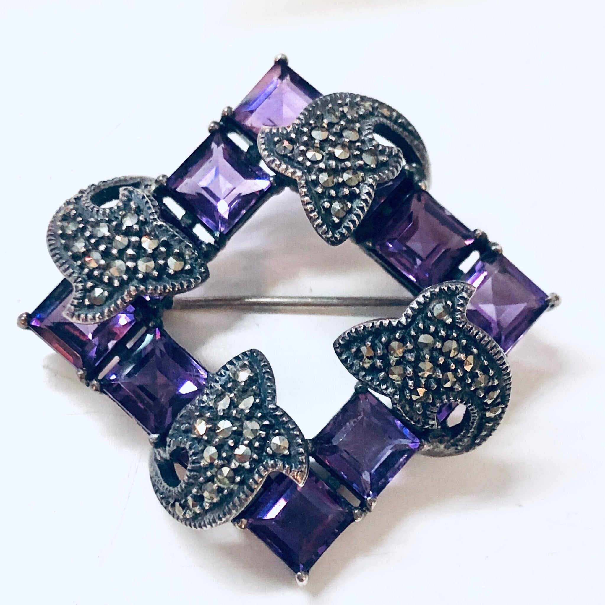 Vintage Silver Brooch, Amethyst Brooch, Marcasite Jewelry, Vintage Jewelry, Square Brooch, Vintage Pin, Square Amethyst Stones, Purple