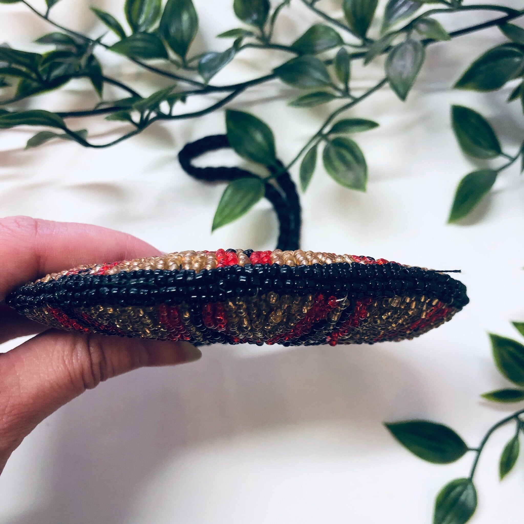 Vintage Purse, Beaded Purse, Small Bag, Evening Bag, Beaded Handbag, Black Beads, Gold Beads, Red Beads, Change Purse, Beaded Wallet, Beads