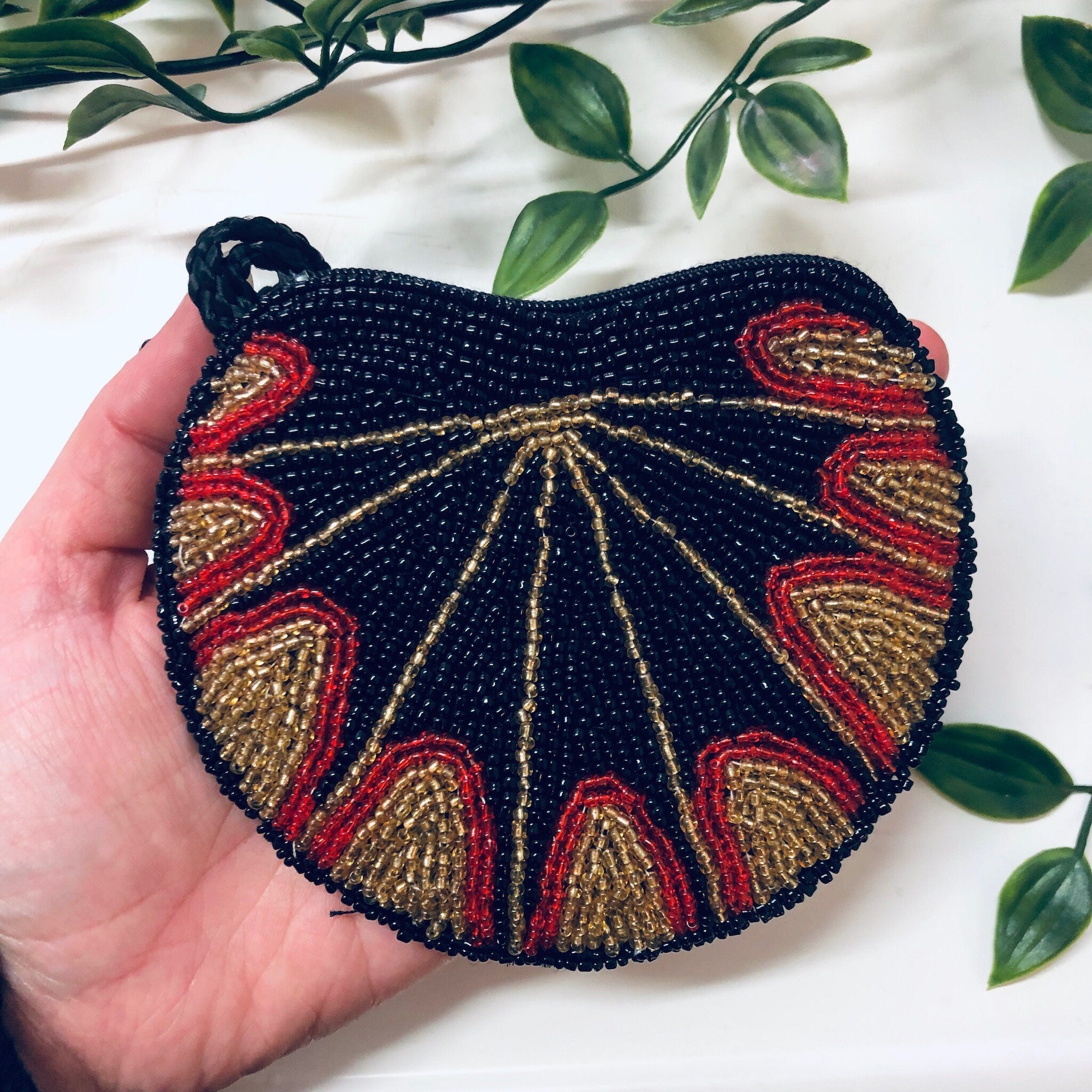 Vintage Purse, Beaded Purse, Small Bag, Evening Bag, Beaded Handbag, Black Beads, Gold Beads, Red Beads, Change Purse, Beaded Wallet, Beads