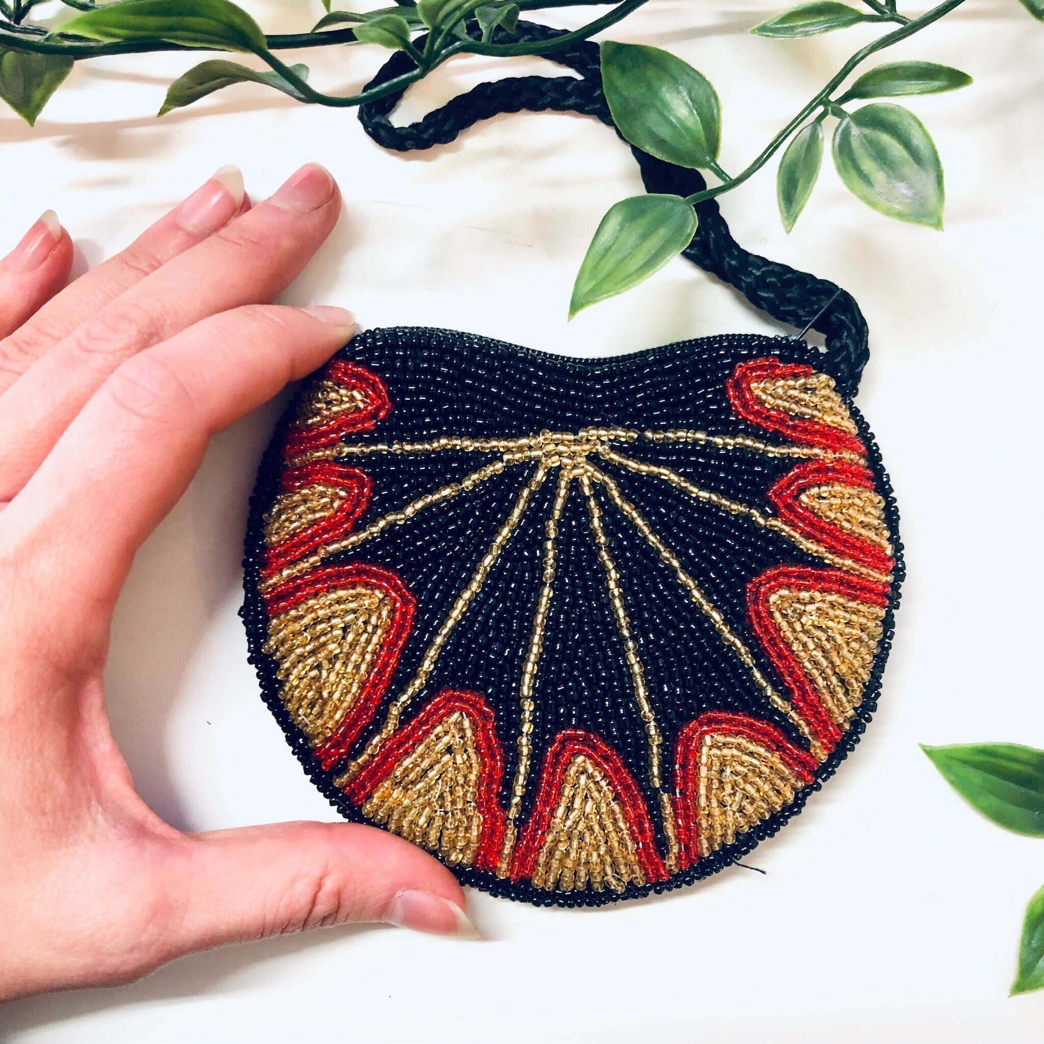 Vintage Purse, Beaded Purse, Small Bag, Evening Bag, Beaded Handbag, Black Beads, Gold Beads, Red Beads, Change Purse, Beaded Wallet, Beads