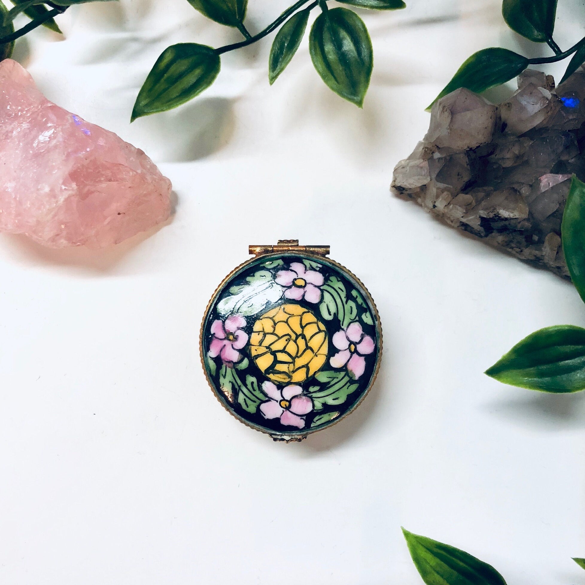 Small Floral Pill Box, Hinged Container, Vintage Pill Box, Floral Box, Pink, Yellow, Green, Black, Ring Box, Ceramic Pill Box, Handmade Gift