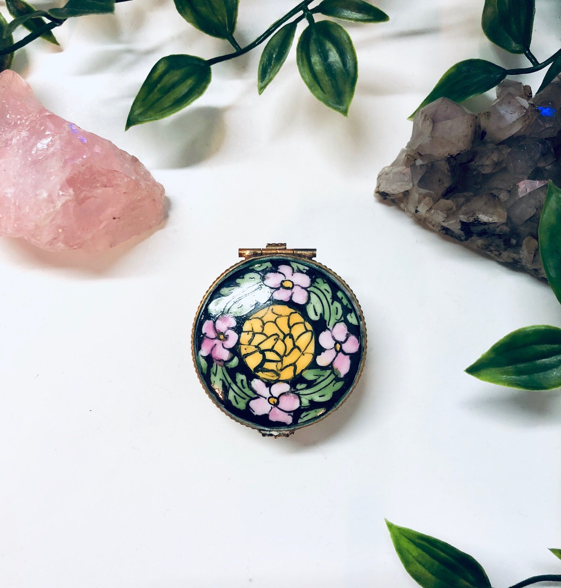 Small Floral Pill Box, Hinged Container, Vintage Pill Box, Floral Box, Pink, Yellow, Green, Black, Ring Box, Ceramic Pill Box, Handmade Gift