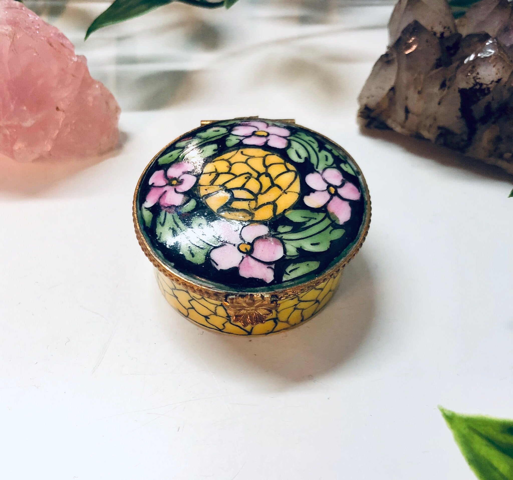 Small Floral Pill Box, Hinged Container, Vintage Pill Box, Floral Box, Pink, Yellow, Green, Black, Ring Box, Ceramic Pill Box, Handmade Gift