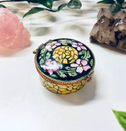 Small Floral Pill Box, Hinged Container, Vintage Pill Box, Floral Box, Pink, Yellow, Green, Black, Ring Box, Ceramic Pill Box, Handmade Gift