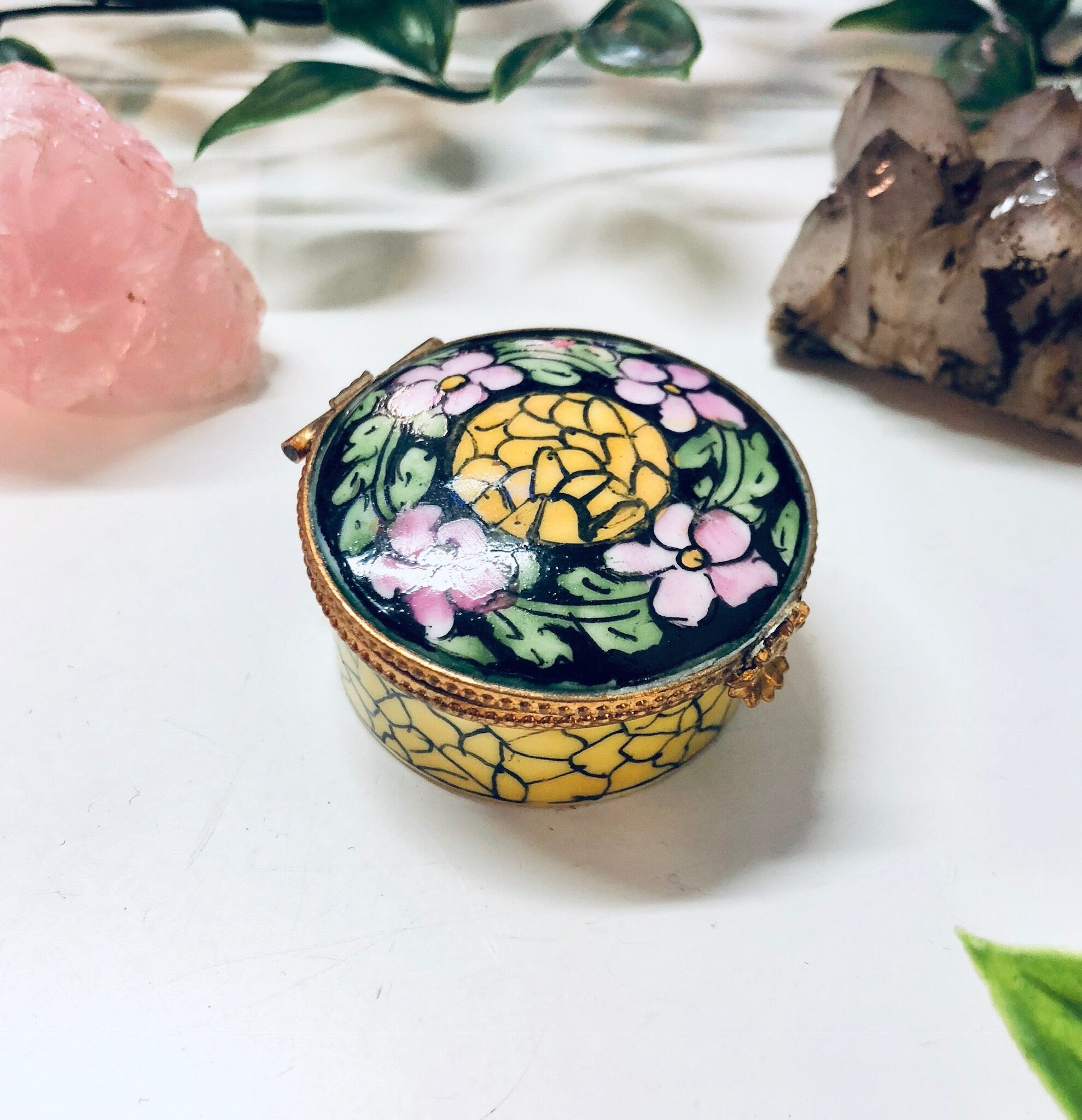 Small Floral Pill Box, Hinged Container, Vintage Pill Box, Floral Box, Pink, Yellow, Green, Black, Ring Box, Ceramic Pill Box, Handmade Gift