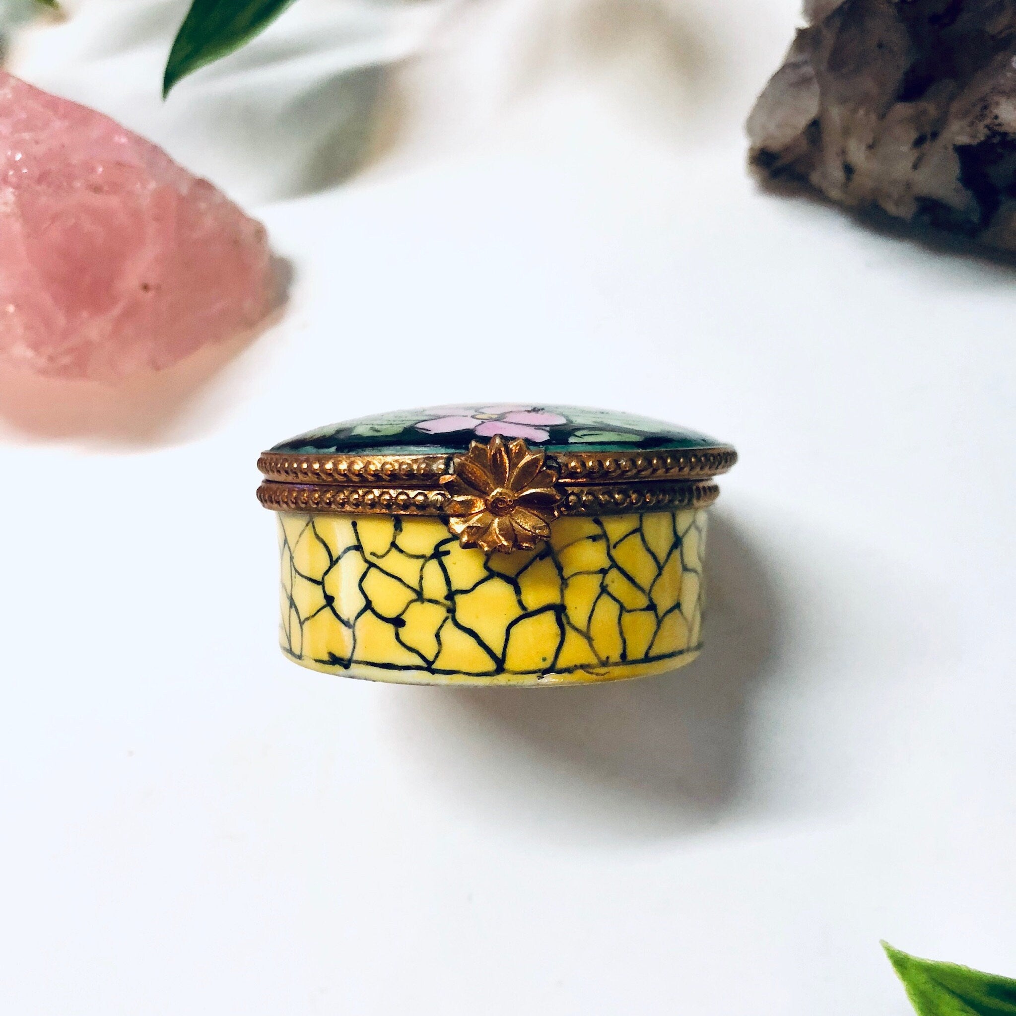 Small Floral Pill Box, Hinged Container, Vintage Pill Box, Floral Box, Pink, Yellow, Green, Black, Ring Box, Ceramic Pill Box, Handmade Gift