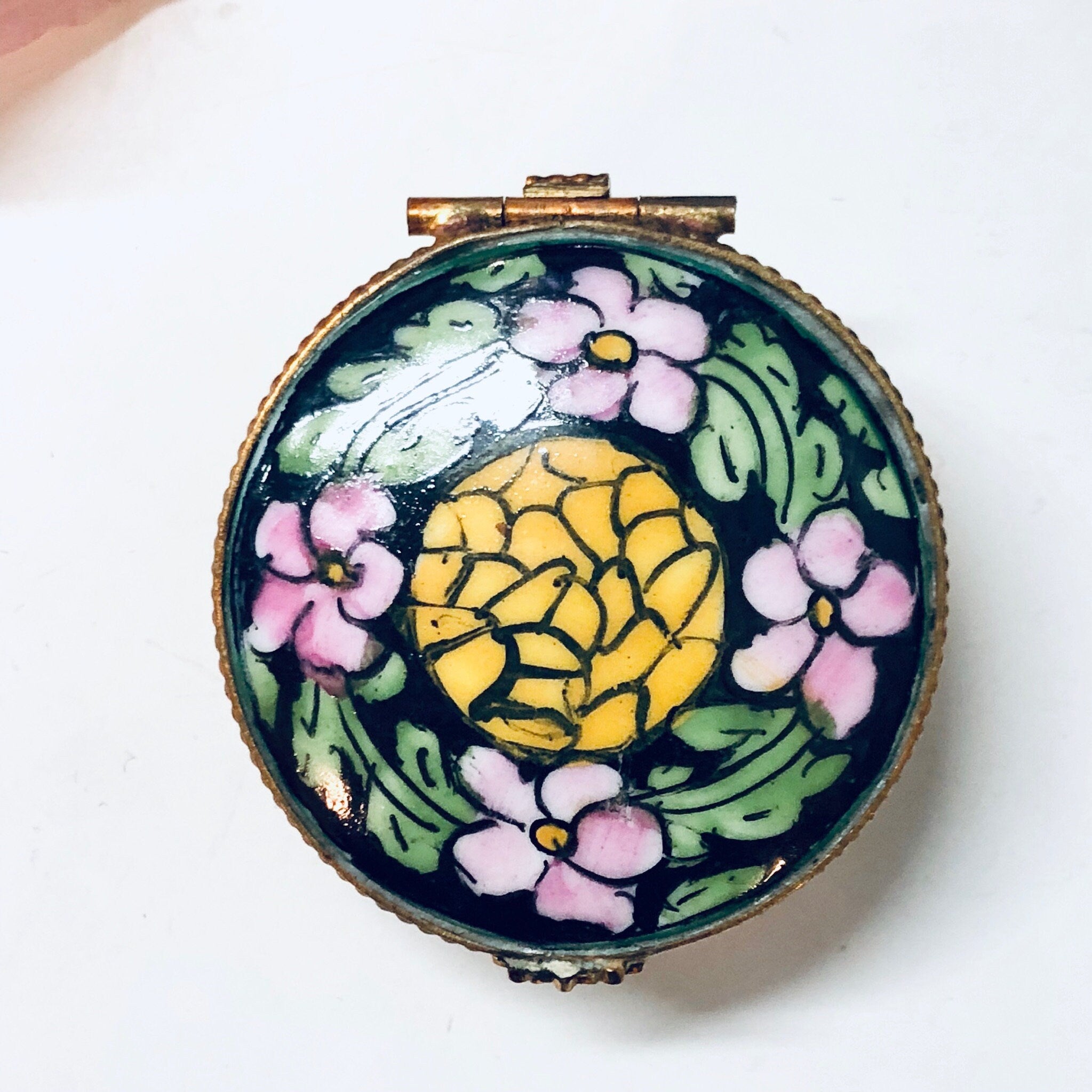 Small Floral Pill Box, Hinged Container, Vintage Pill Box, Floral Box, Pink, Yellow, Green, Black, Ring Box, Ceramic Pill Box, Handmade Gift