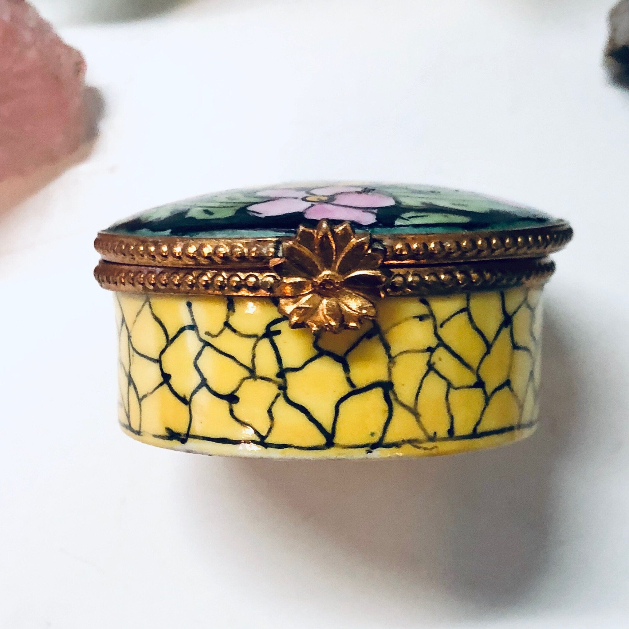 Small Floral Pill Box, Hinged Container, Vintage Pill Box, Floral Box, Pink, Yellow, Green, Black, Ring Box, Ceramic Pill Box, Handmade Gift