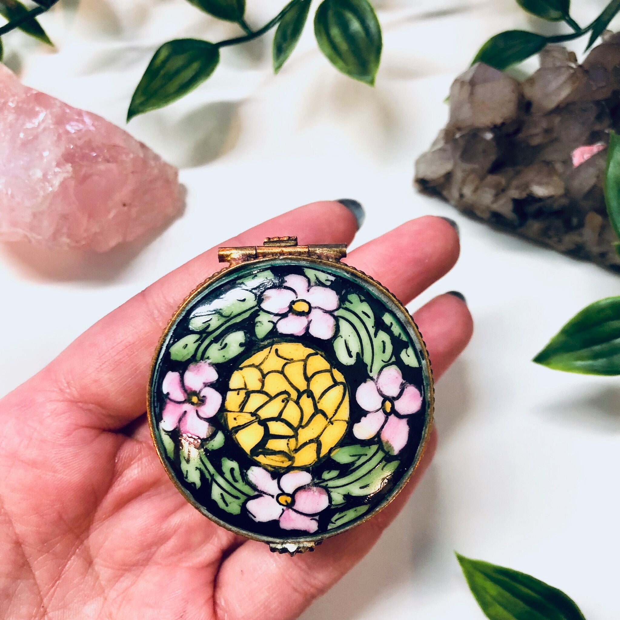 Small Floral Pill Box, Hinged Container, Vintage Pill Box, Floral Box, Pink, Yellow, Green, Black, Ring Box, Ceramic Pill Box, Handmade Gift