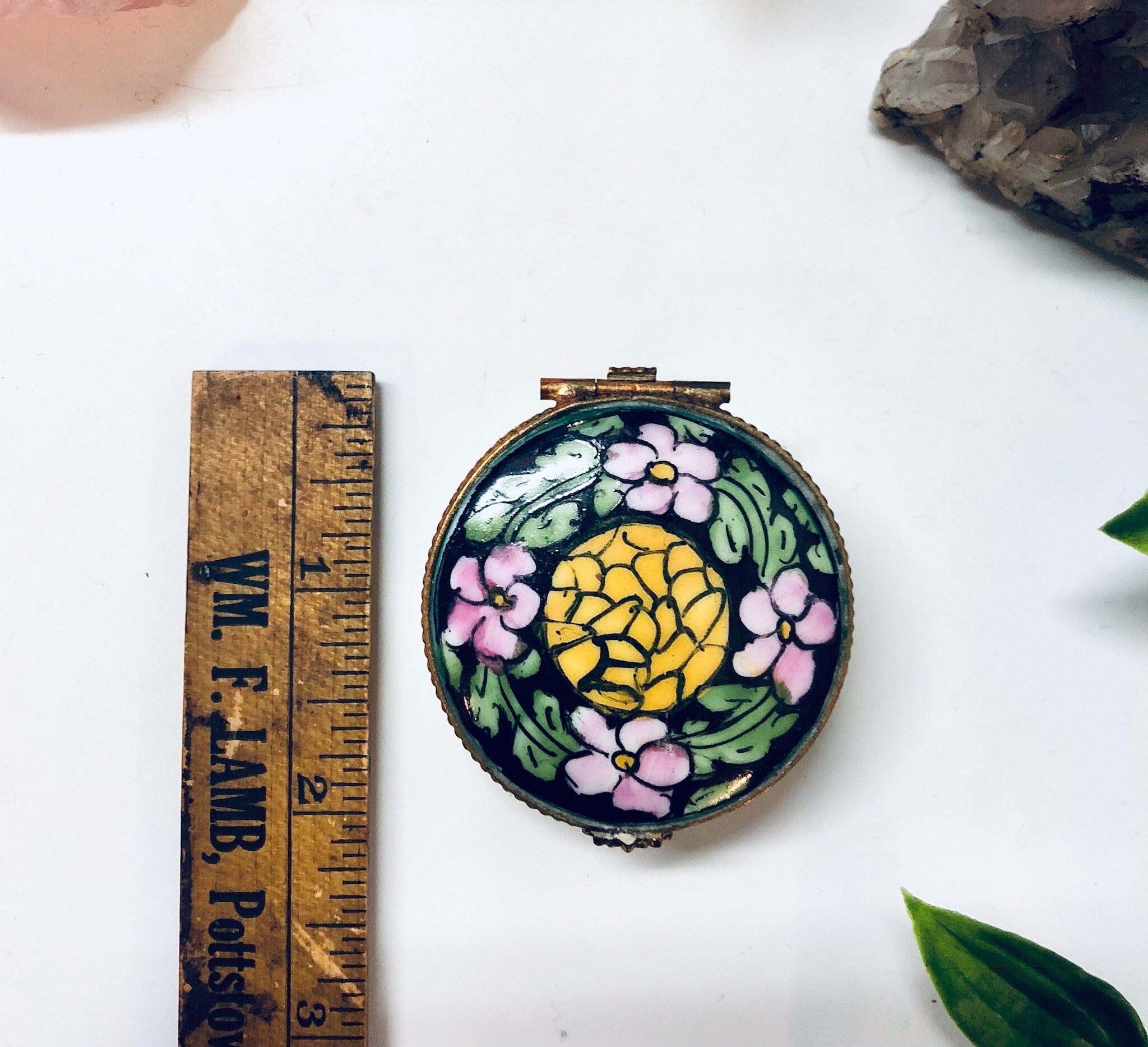Small Floral Pill Box, Hinged Container, Vintage Pill Box, Floral Box, Pink, Yellow, Green, Black, Ring Box, Ceramic Pill Box, Handmade Gift
