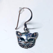 Vintage silver cat mask dangle earrings with cut-out design and blue tint, small and cute kitty cat themed jewelry.