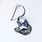 Vintage silver cat mask earrings with cutout design on dangle hooks, cute kitty cat jewelry.