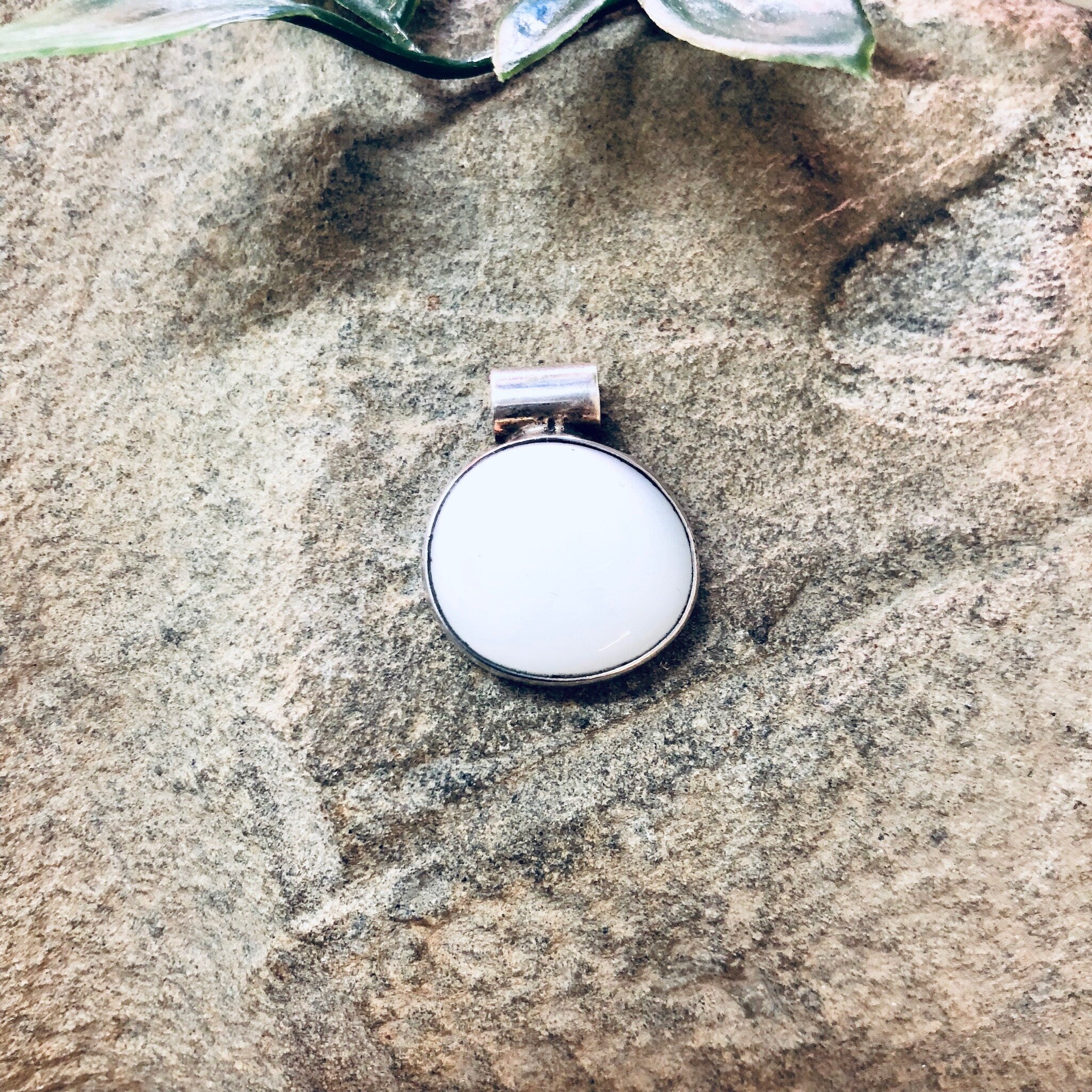 Vintage Silver Pendant with White Stone, Milky White Stone, Made in Mexico, Silver and White, Circular Pendant, Boho Style, Pendant Necklace
