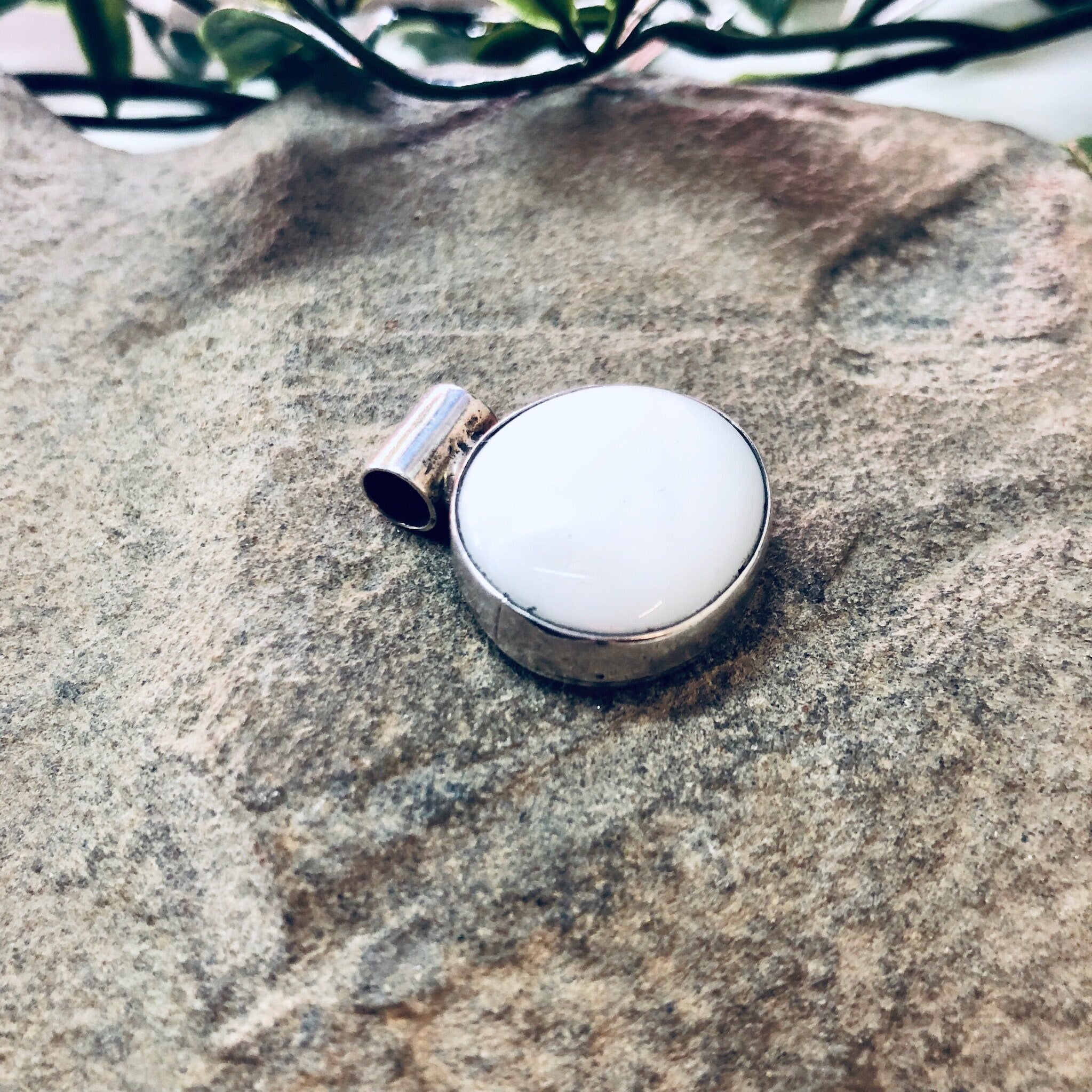 Vintage Silver Pendant with White Stone, Milky White Stone, Made in Mexico, Silver and White, Circular Pendant, Boho Style, Pendant Necklace