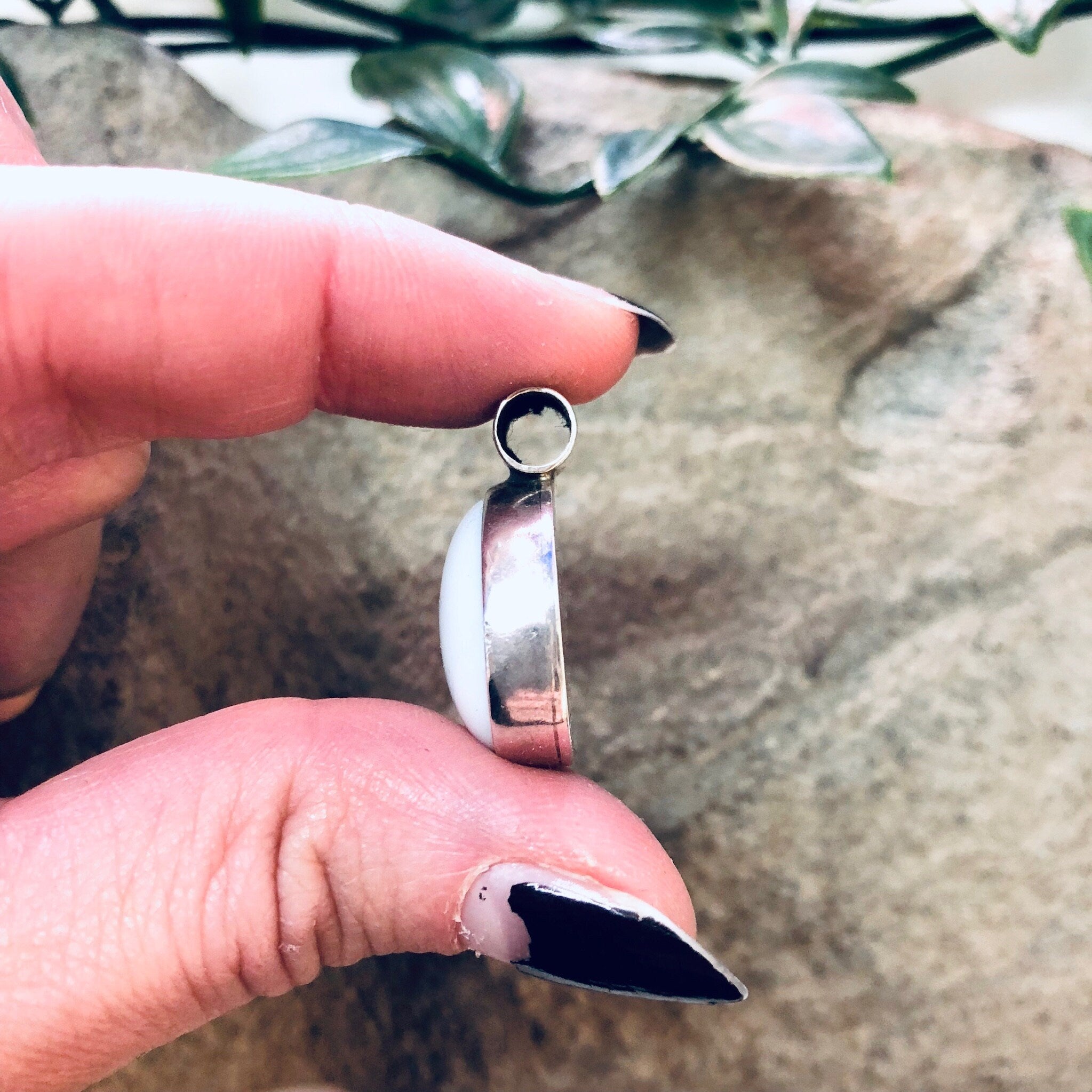 Vintage Silver Pendant with White Stone, Milky White Stone, Made in Mexico, Silver and White, Circular Pendant, Boho Style, Pendant Necklace
