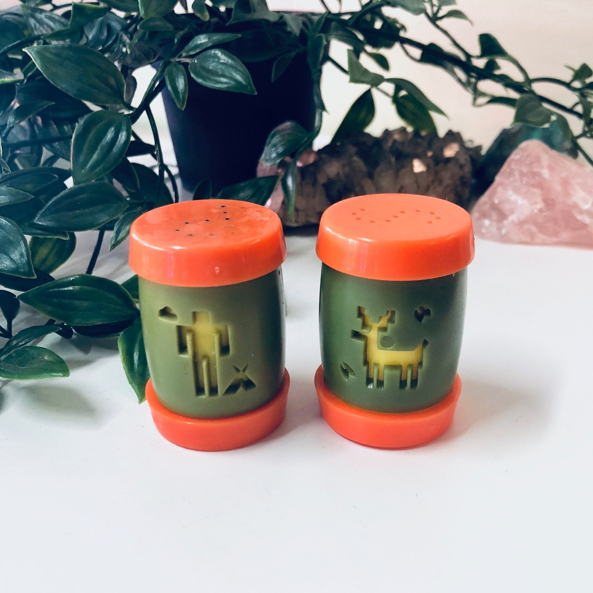 Vintage Salt and Pepper Shakers, Vintage Shakers, Orange and Green Decor, Deer, St Labre Indian School, 1960s Decor, Vintage Home Decor