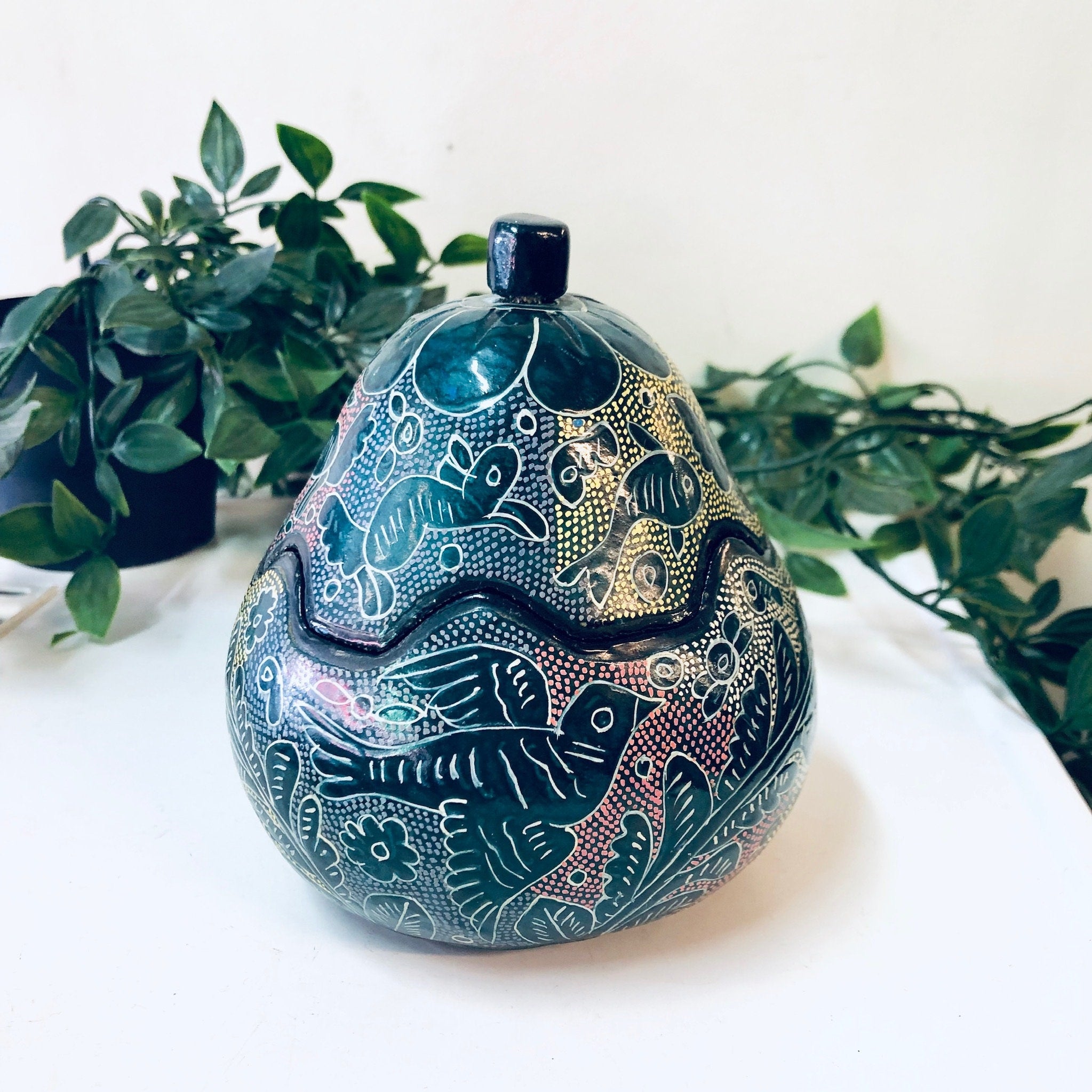 Vintage Container, Pair Shaped Container, Animal Container, Lidded Jar, Rabbits, Birds, Green Jar, Yellow, Pink, Orange, Blue, Unique Decor