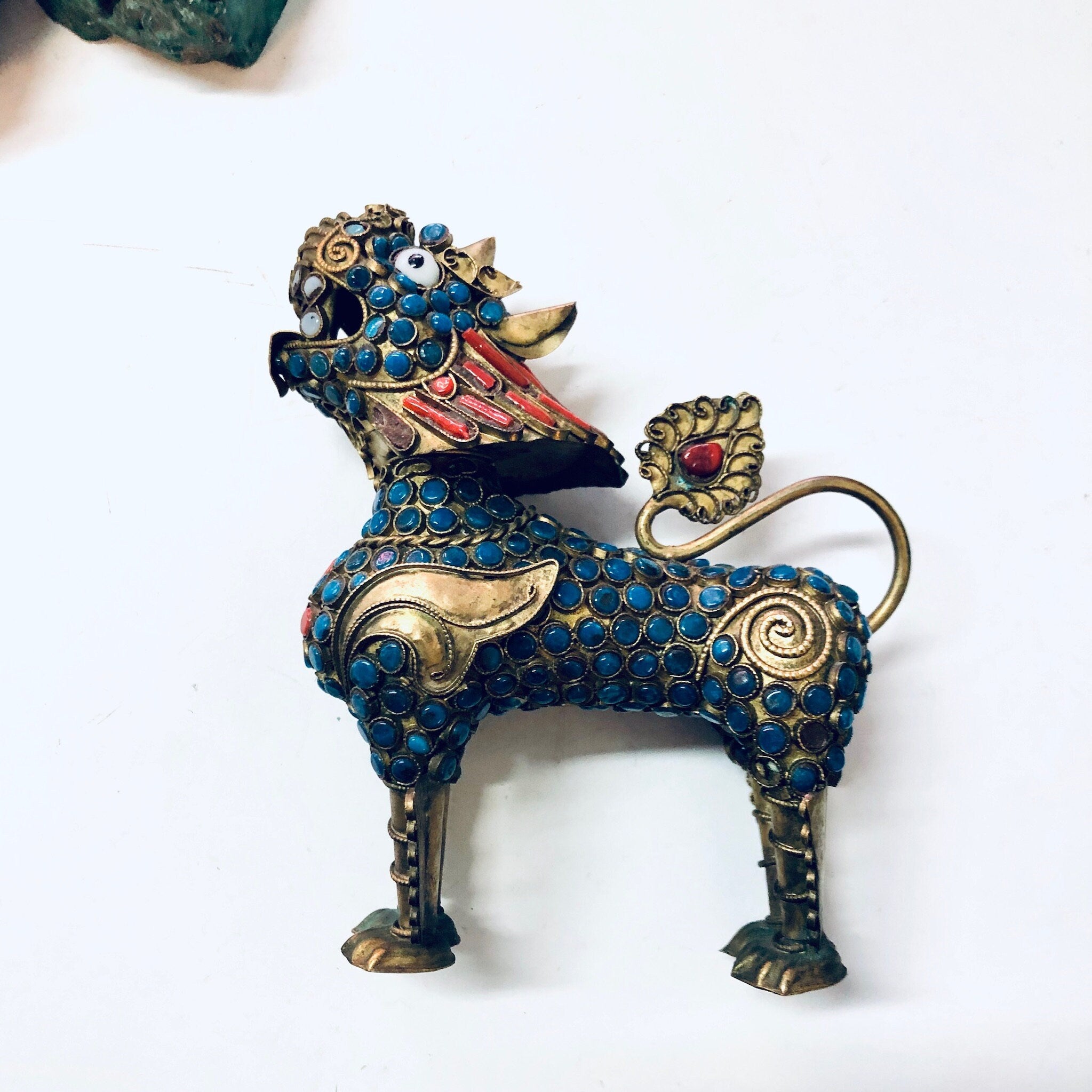 Vintage Tibetan Dragon, Dragon Bottle, Coral and Turquoise, Blue and Orange, Antique Tibetan Bottle, Vintage Home Decor, Unique Decor, Brass