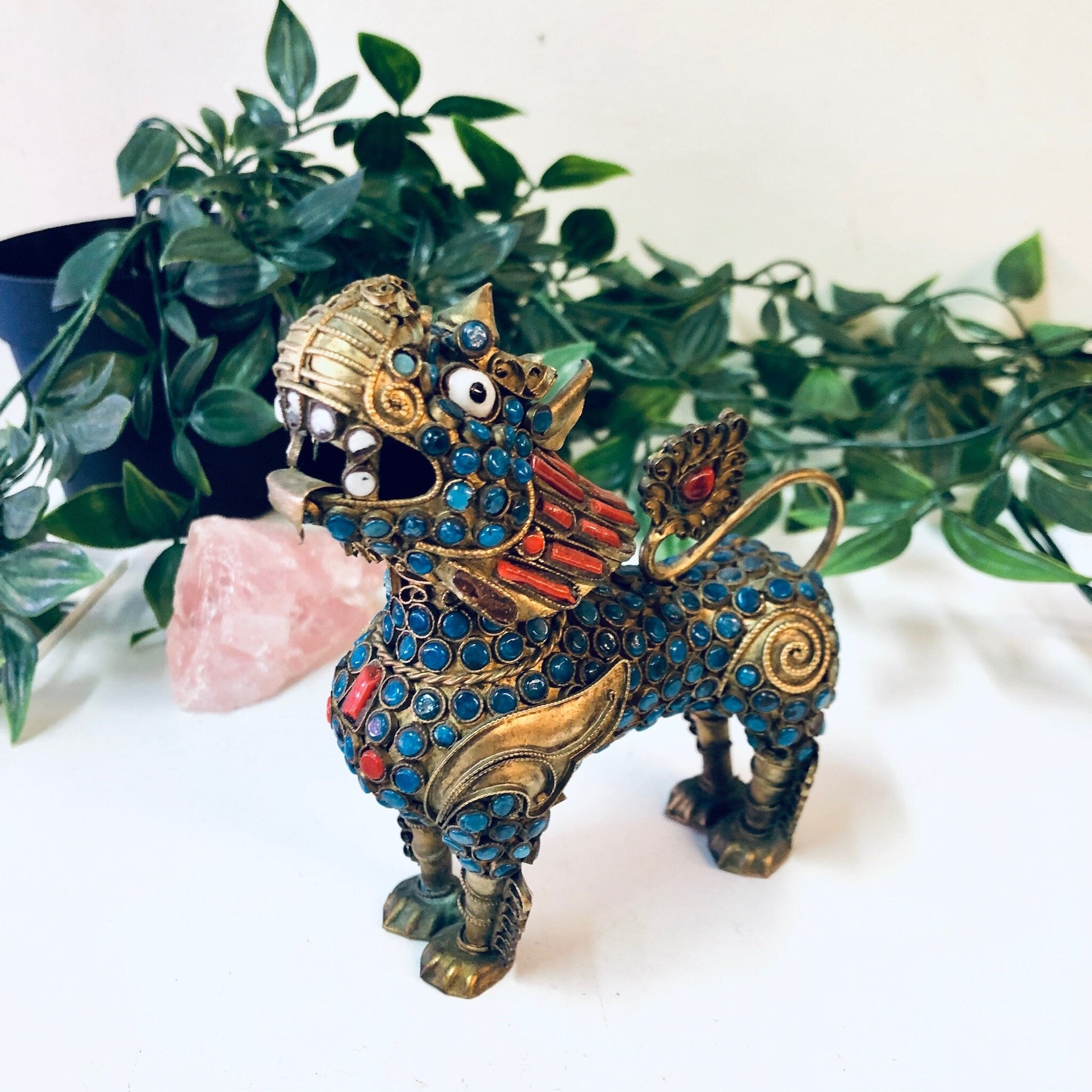 Vintage Tibetan Dragon, Dragon Bottle, Coral and Turquoise, Blue and Orange, Antique Tibetan Bottle, Vintage Home Decor, Unique Decor, Brass