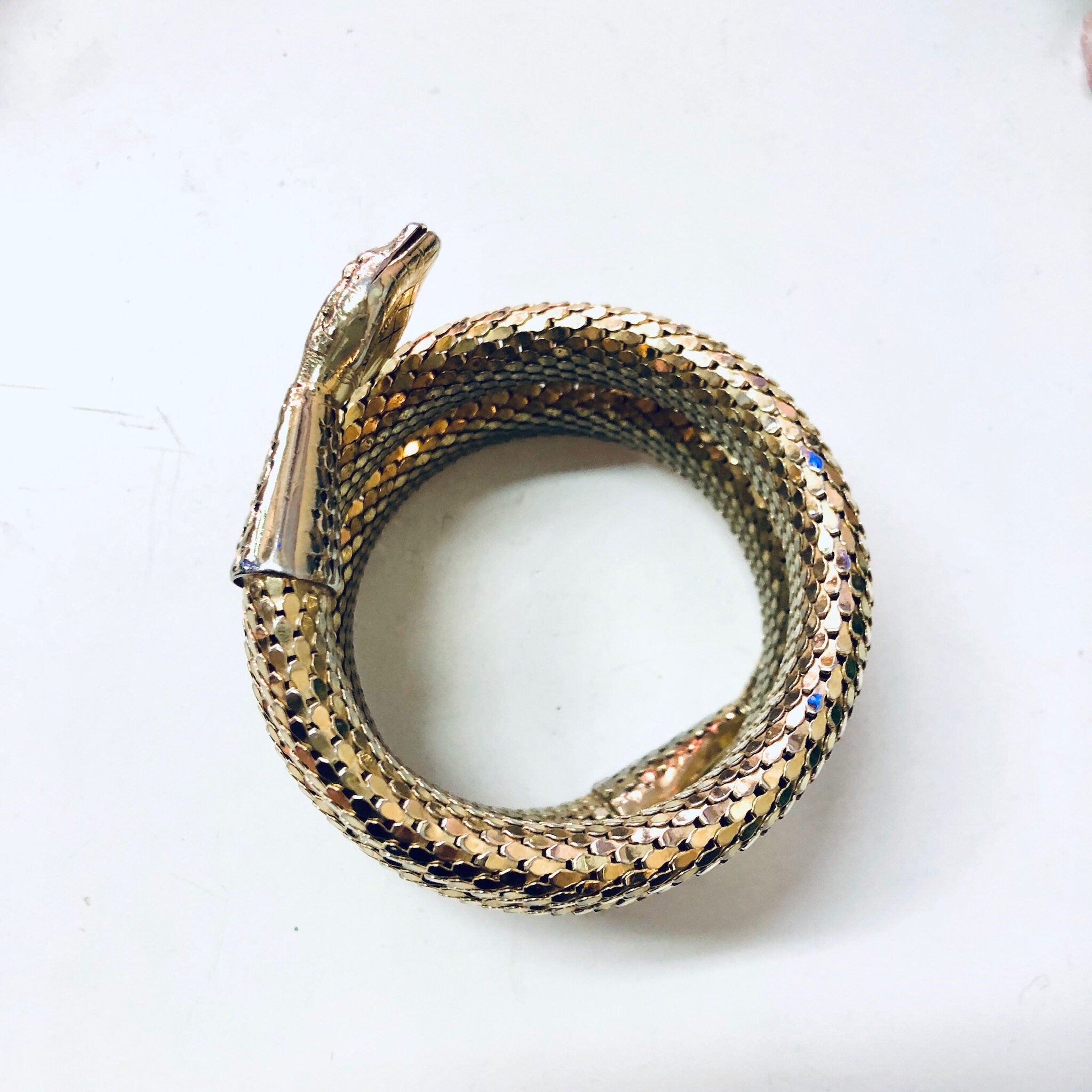 Vintage Snake Bracelet, Whiting and Davis Mesh, Gold Toned Bracelet, Coiled Snake, Vintage Jewelry, Snake Jewelry, Mesh Jewelry,