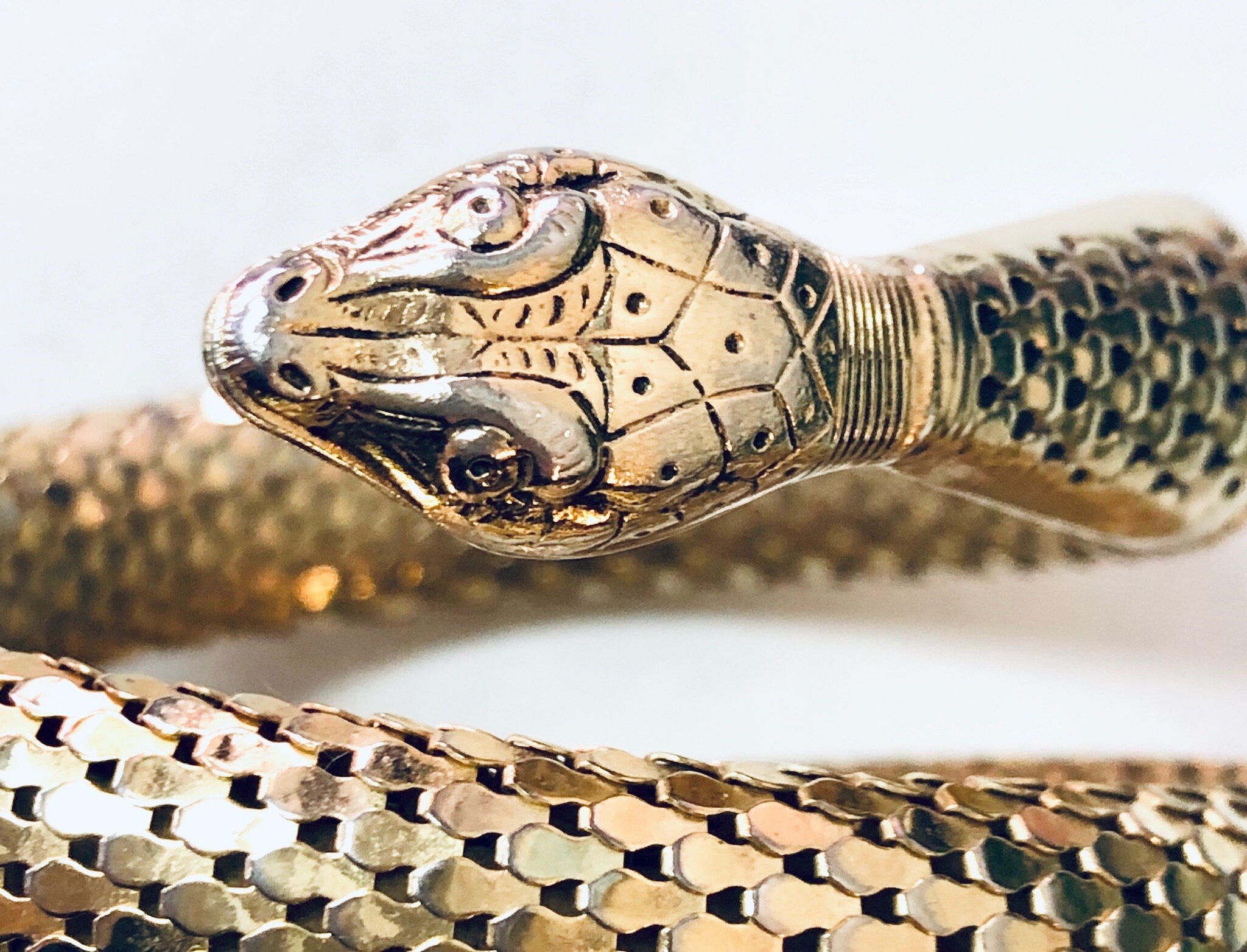 Vintage Snake Bracelet, Whiting and Davis Mesh, Gold Toned Bracelet, Coiled Snake, Vintage Jewelry, Snake Jewelry, Mesh Jewelry,