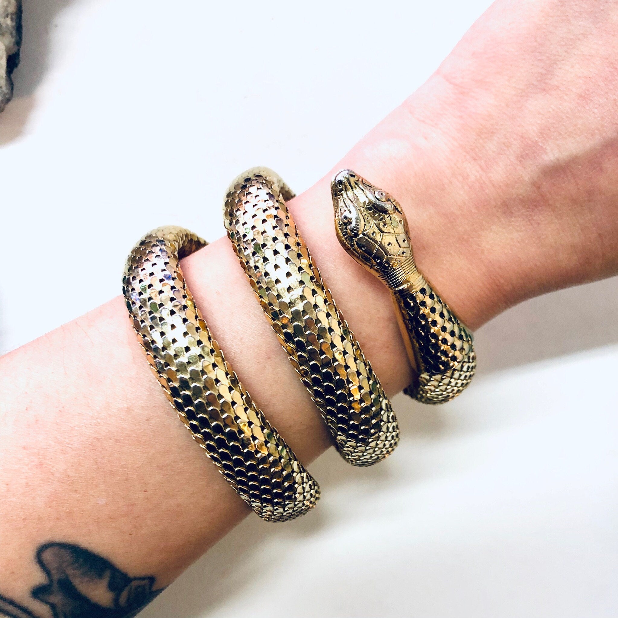 Vintage Snake Bracelet, Whiting and Davis Mesh, Gold Toned Bracelet, Coiled Snake, Vintage Jewelry, Snake Jewelry, Mesh Jewelry,