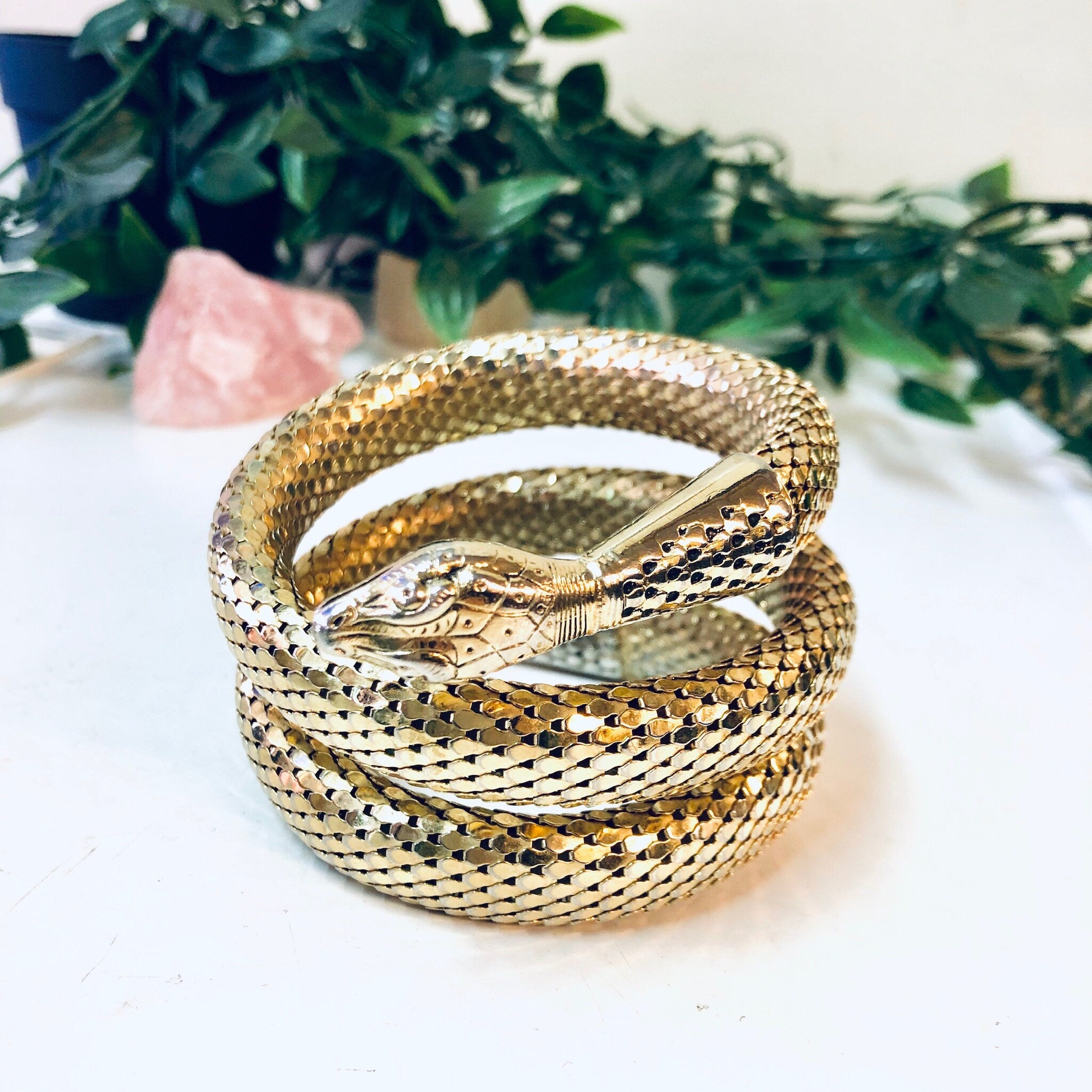 Vintage Snake Bracelet, Whiting and Davis Mesh, Gold Toned Bracelet, Coiled Snake, Vintage Jewelry, Snake Jewelry, Mesh Jewelry,