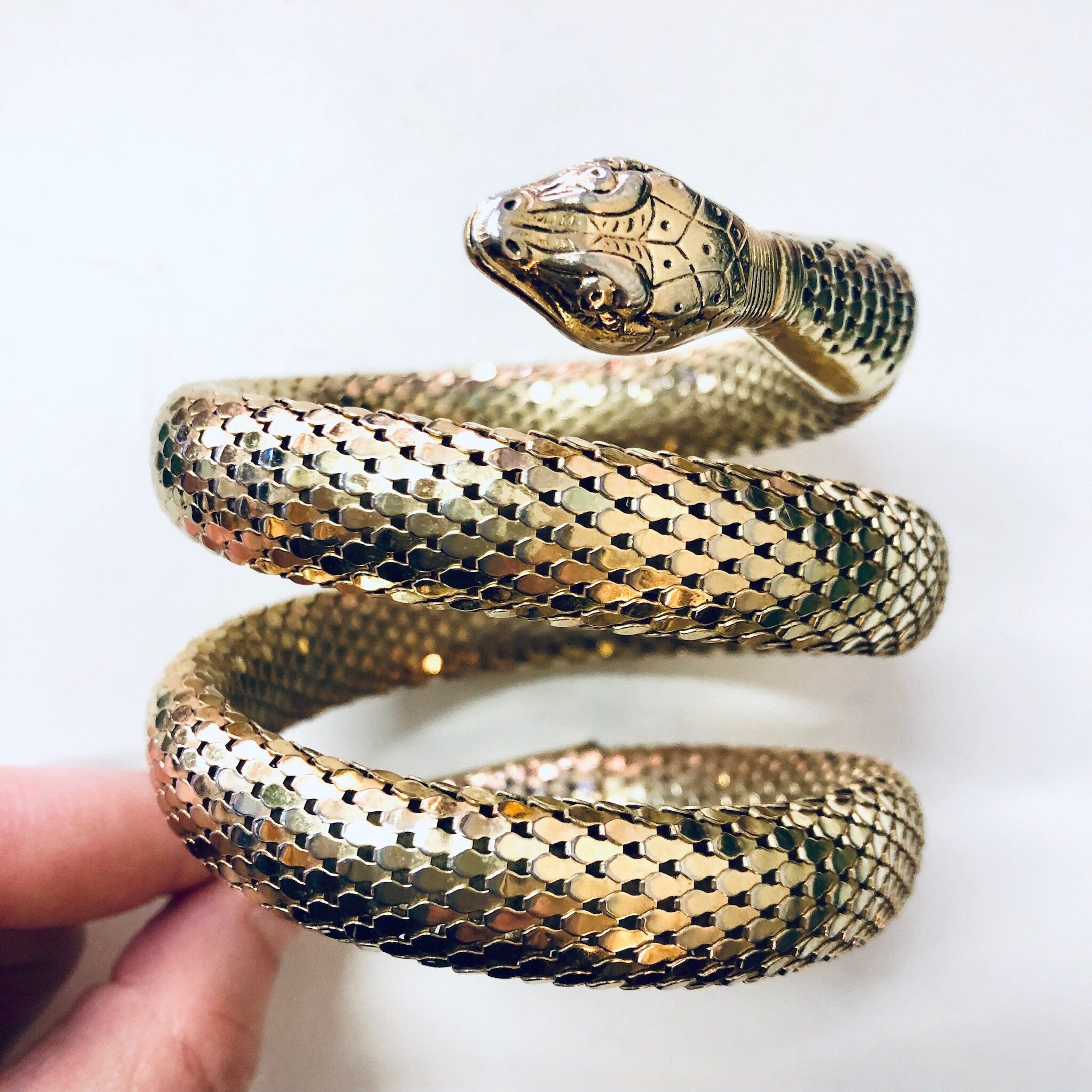 Vintage Snake Bracelet, Whiting and Davis Mesh, Gold Toned Bracelet, Coiled Snake, Vintage Jewelry, Snake Jewelry, Mesh Jewelry,