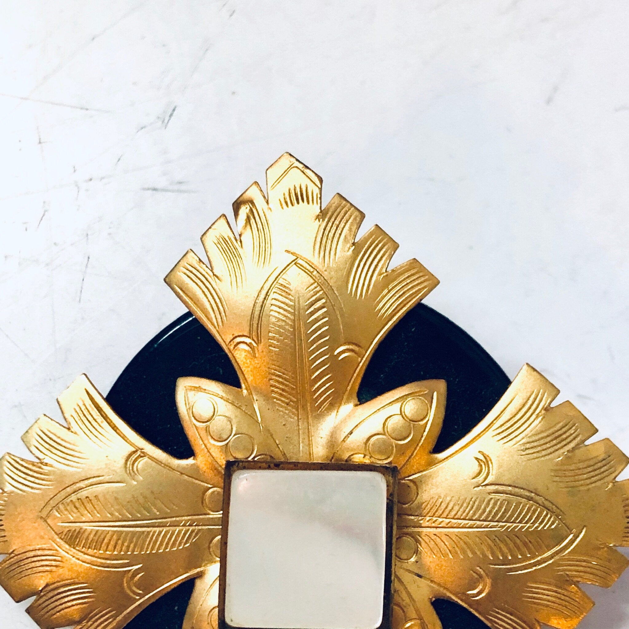 Vintage Brooch, Vintage Jewelry, Costume Jewelry, Gold Toned Jewelry, Black and Gold, Vintage Pin, Mother of Pearl, Statement Jewelry, Gold