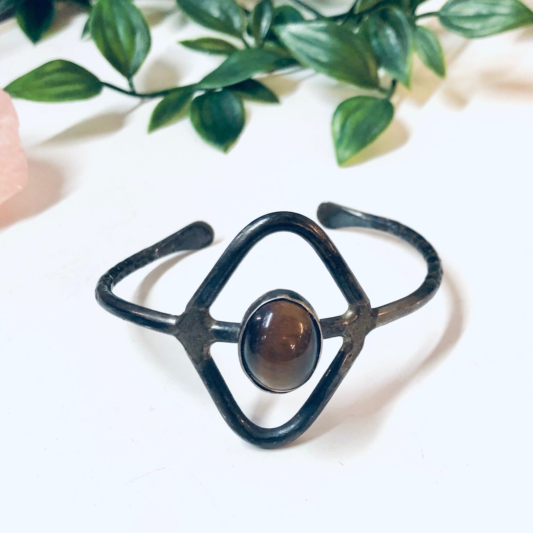 Vintage Silver Bracelet, Cuff Bracelet, Tigers Eye, Sterling Silver, Vintage Jewelry, Unique Jewelry, Cut out Design, Triangle Shape , Brown