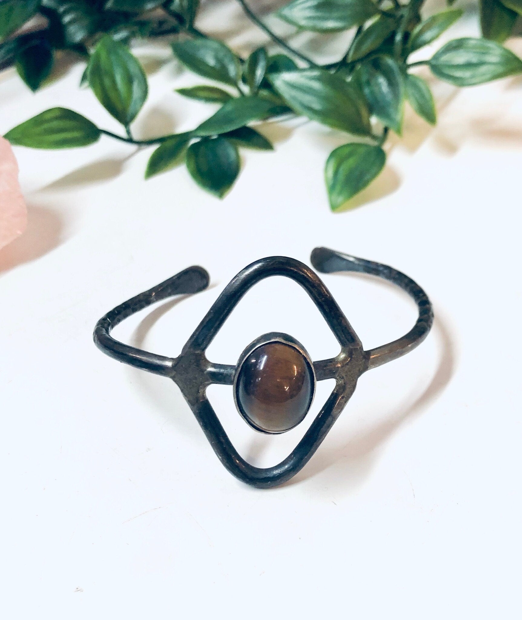 Vintage Silver Bracelet, Cuff Bracelet, Tigers Eye, Sterling Silver, Vintage Jewelry, Unique Jewelry, Cut out Design, Triangle Shape , Brown