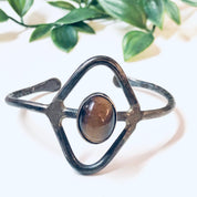 Vintage Silver Bracelet, Cuff Bracelet, Tigers Eye, Sterling Silver, Vintage Jewelry, Unique Jewelry, Cut out Design, Triangle Shape , Brown