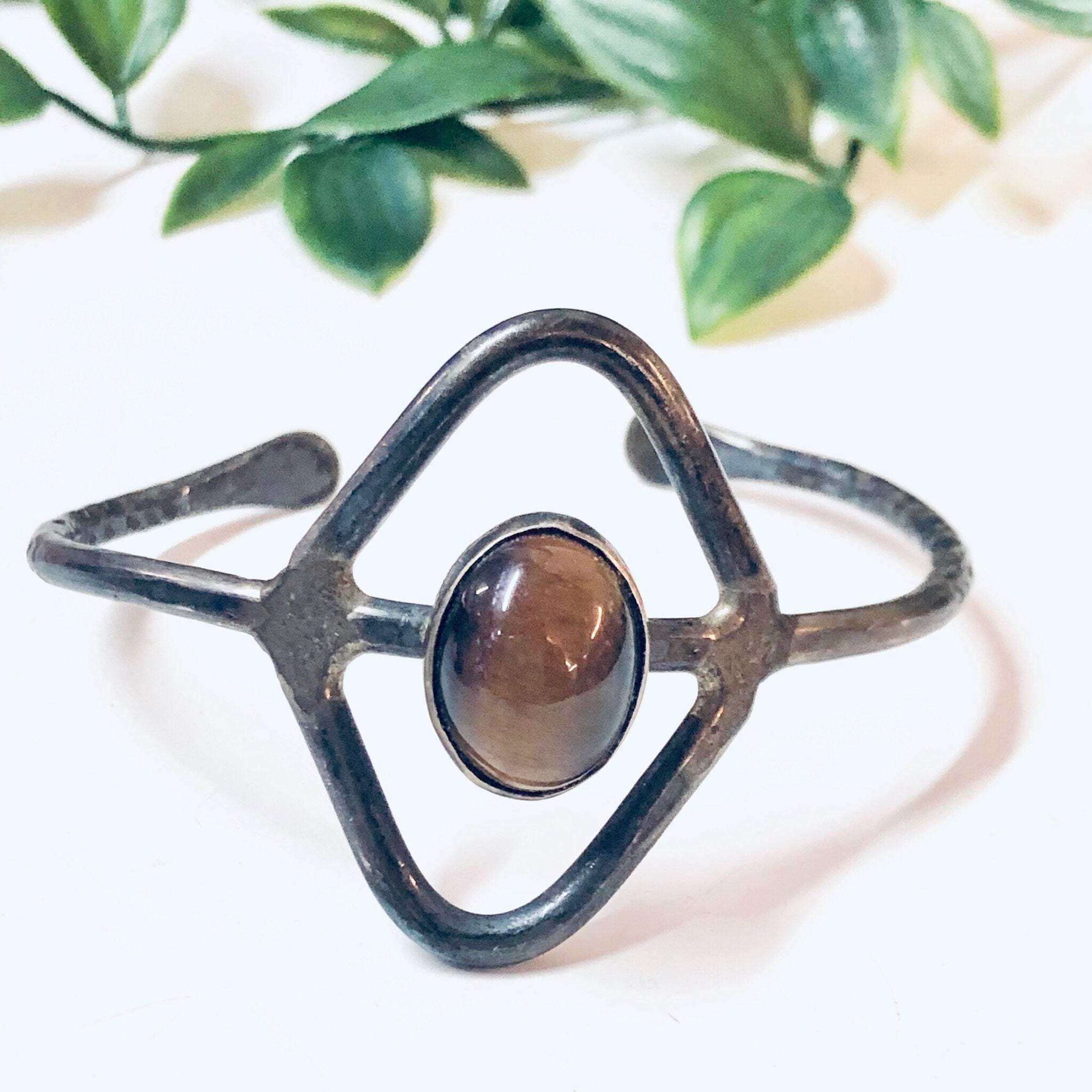 Vintage Silver Bracelet, Cuff Bracelet, Tigers Eye, Sterling Silver, Vintage Jewelry, Unique Jewelry, Cut out Design, Triangle Shape , Brown