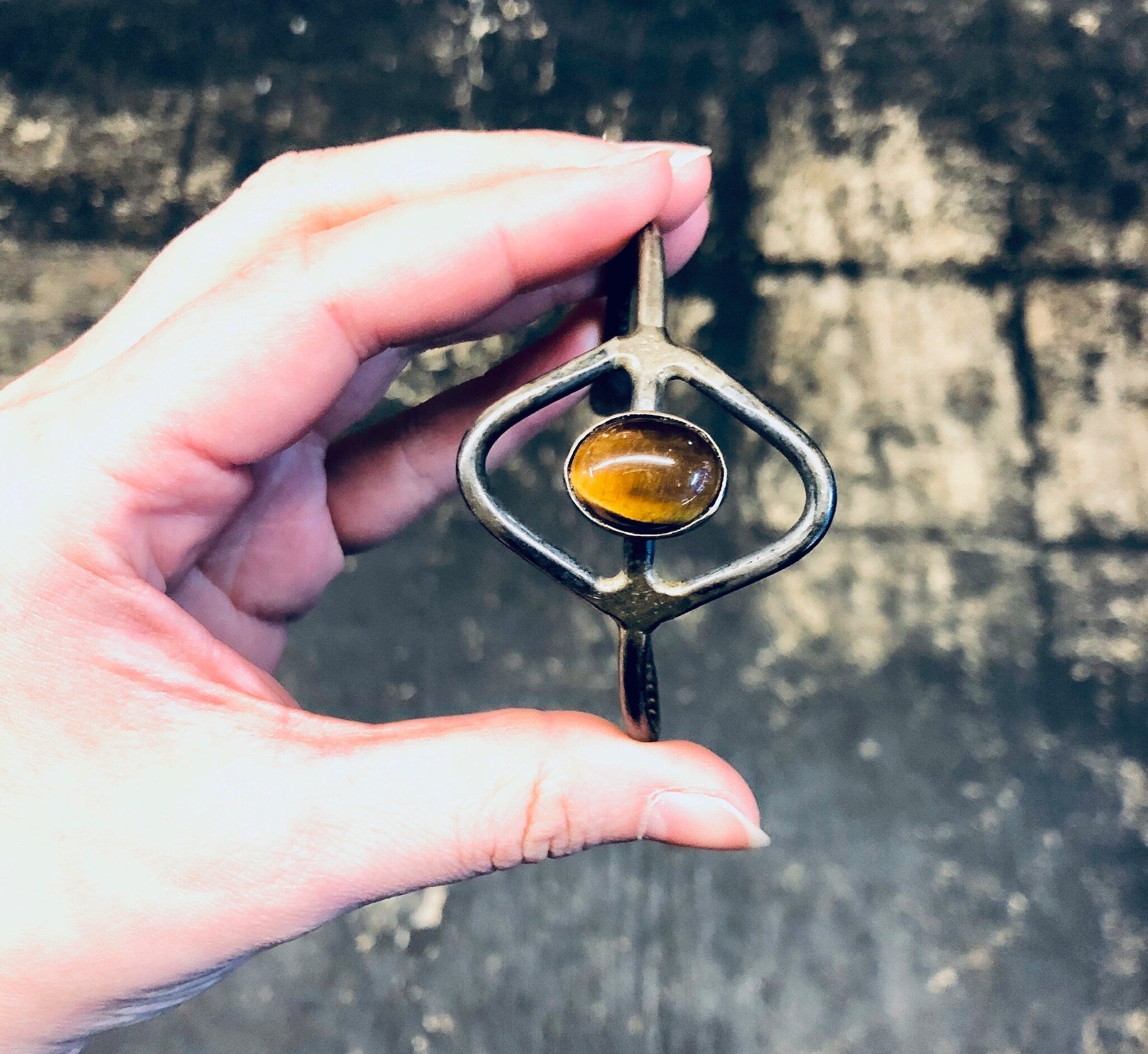 Vintage Silver Bracelet, Cuff Bracelet, Tigers Eye, Sterling Silver, Vintage Jewelry, Unique Jewelry, Cut out Design, Triangle Shape , Brown
