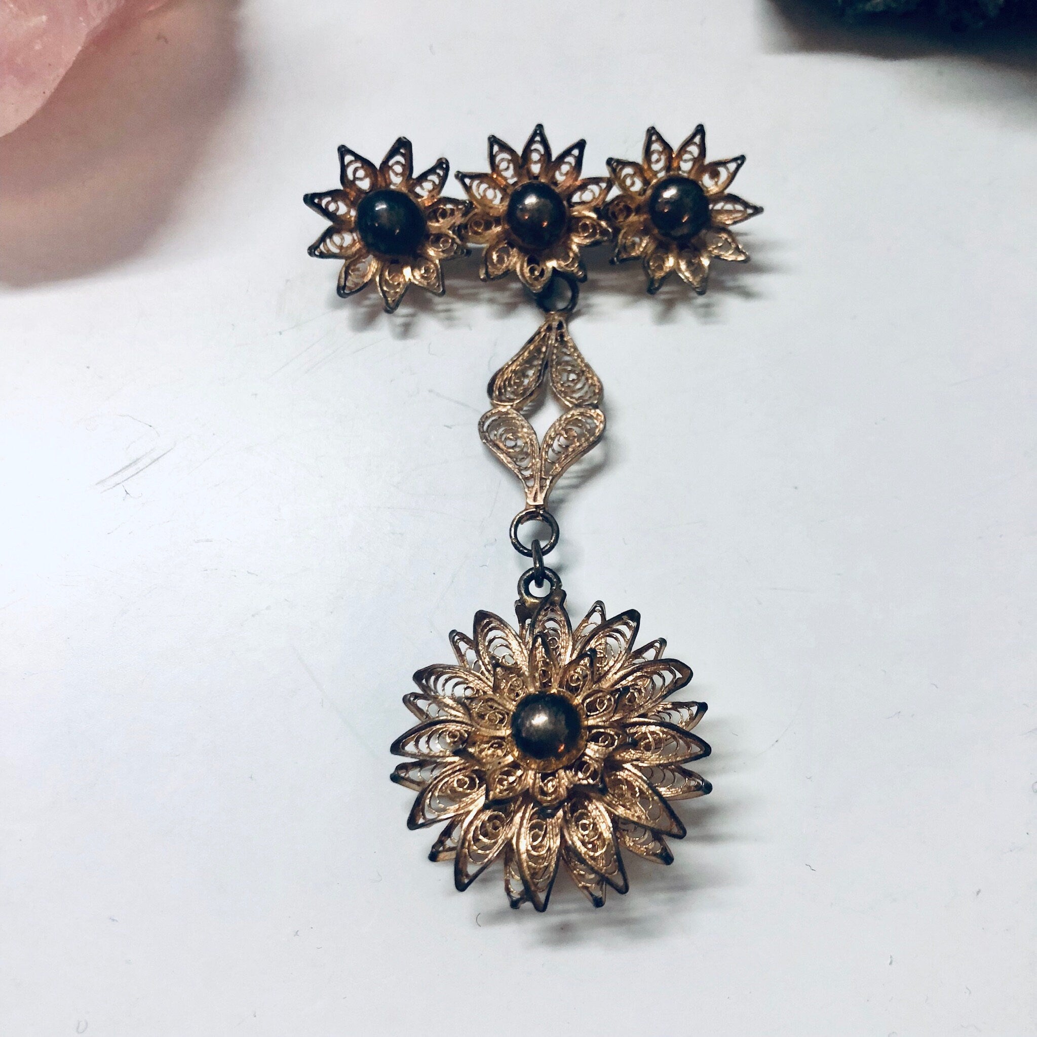 Vintage Floral Brooch, Silver Pin, Dangling Brooch, Flower Jewelry, Vintage Pin, Sterling Silver Pin, Brooch for Mom