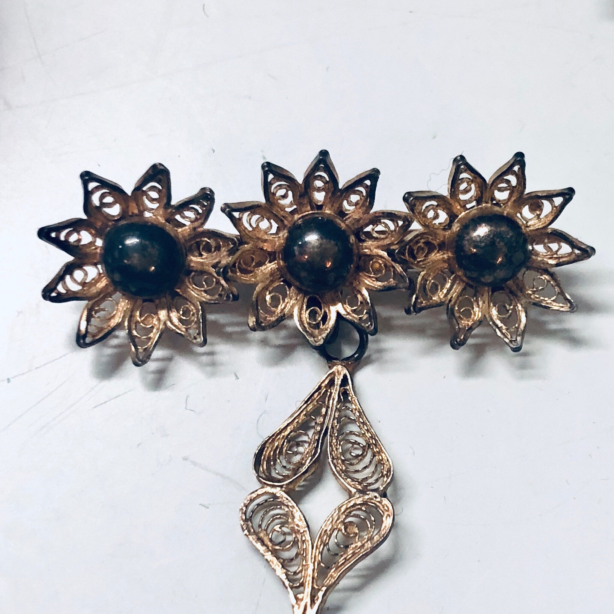 Vintage Floral Brooch, Silver Pin, Dangling Brooch, Flower Jewelry, Vintage Pin, Sterling Silver Pin, Brooch for Mom