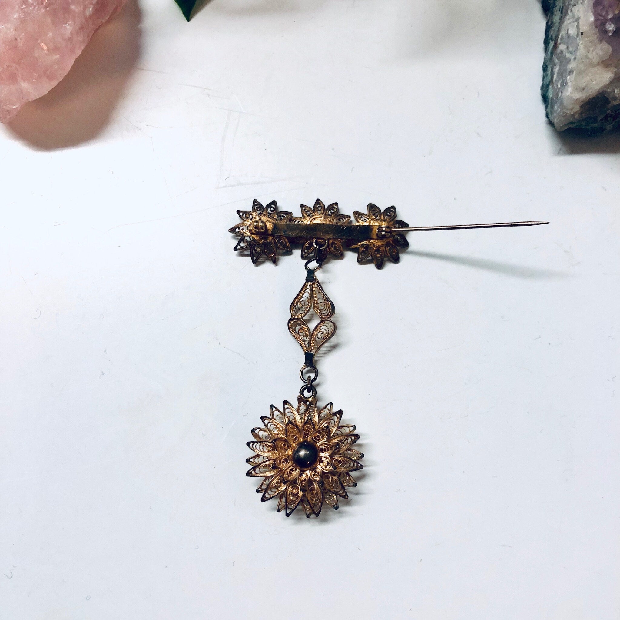 Vintage Floral Brooch, Silver Pin, Dangling Brooch, Flower Jewelry, Vintage Pin, Sterling Silver Pin, Brooch for Mom