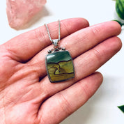 Vintage Necklace, Pendant on Chain, Silver Pendant, Silver Box Chain, Vintage Jewelry, Green Pendant, Brown Jewelry, Unique Jewelry, Simple
