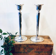 Vintage silver candlesticks on wooden crate, shiny sterling silver candle holders for home decor centerpiece or mantlepiece