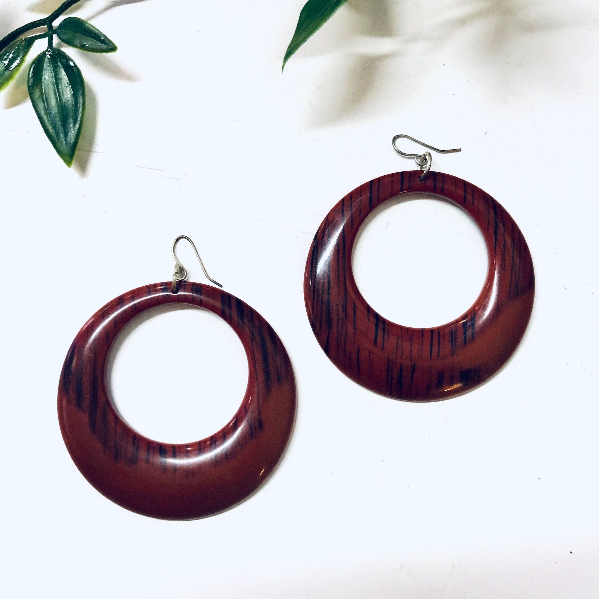 Vintage Plastic Earrings Red and Black Vintage Jewelry Hoop Circular Pierced Ears Costume Jewelry Statement Jewelry Stripes Unique Dark Red