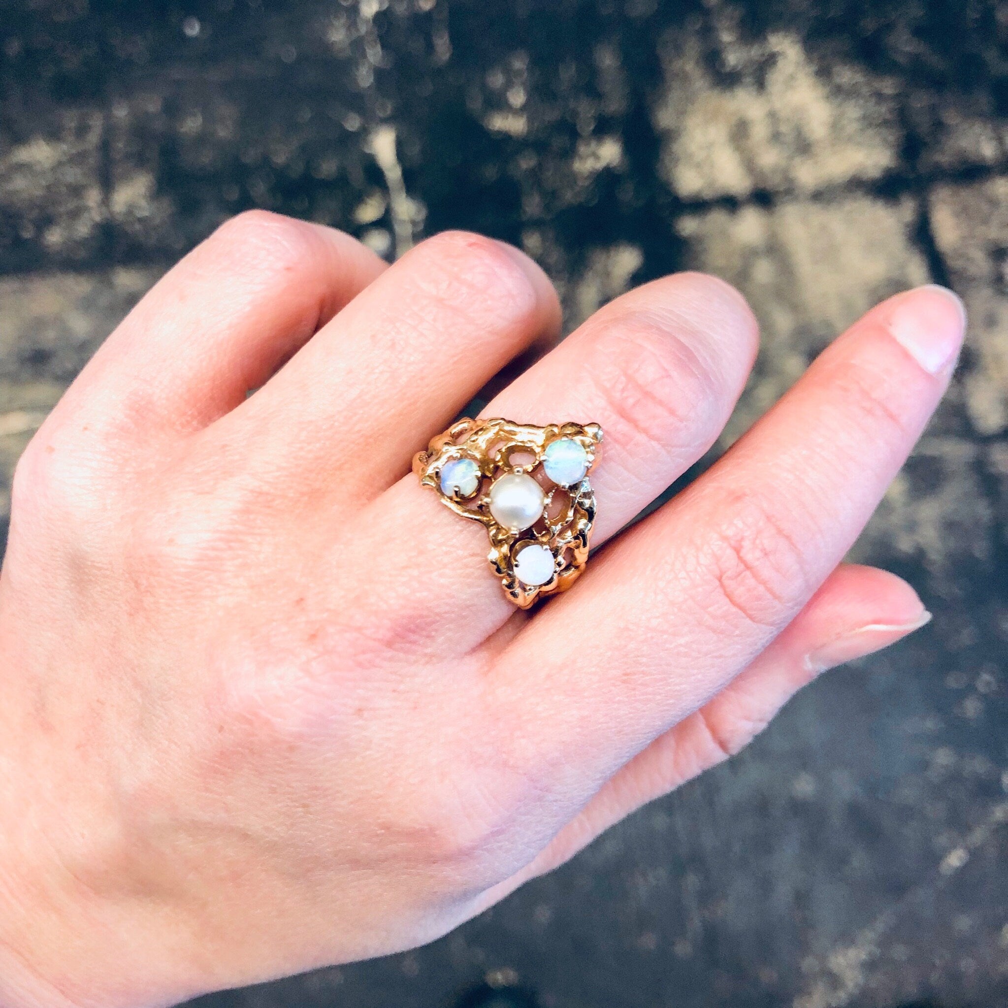 Vintage Gold Ring, 14K Yellow Gold, Opal and Pearl Ring, Engagement Ring, Gold Ring, V Shape Ring, Birthstone Ring, Opal, Ring for Wife