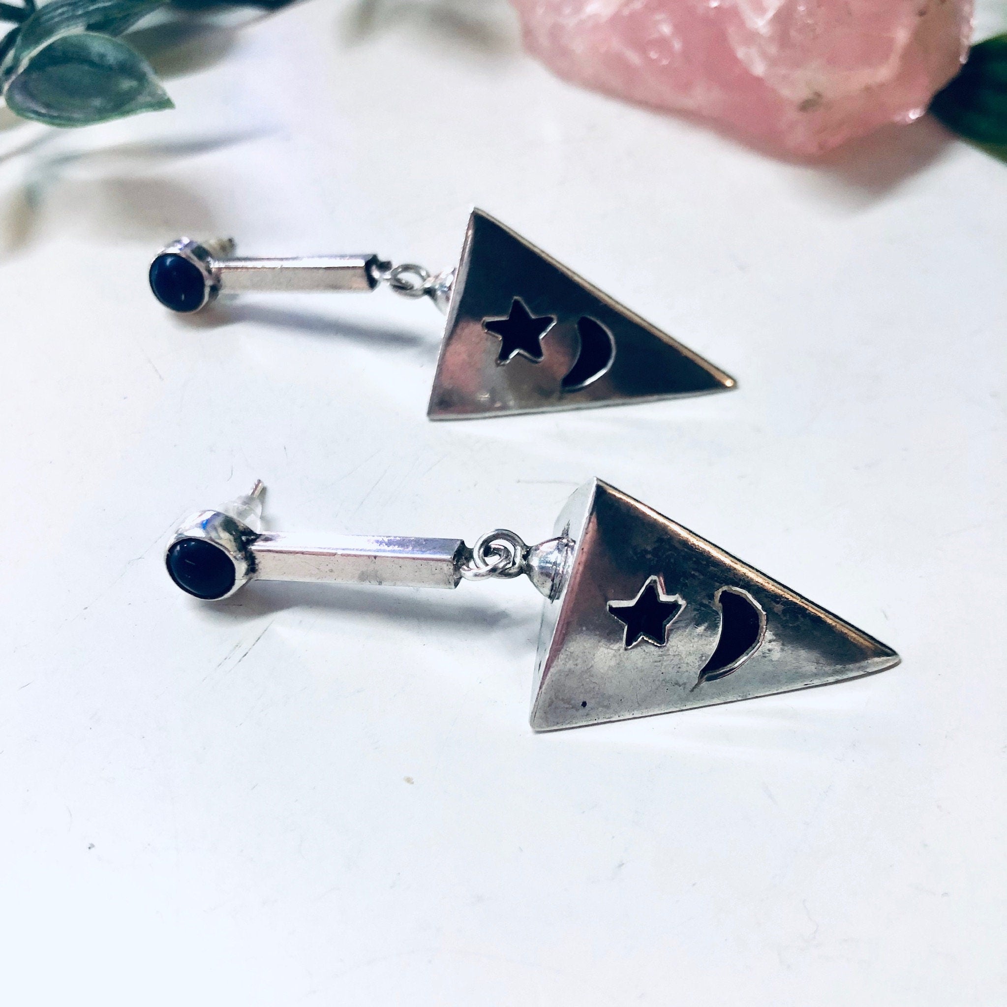 Vintage Earrings, Silver Earrings, Star and Moon, Space Earrings, Blue Lapis Stone, Unique Earrings, Statement Jewelry, Pierced Ears, Blue