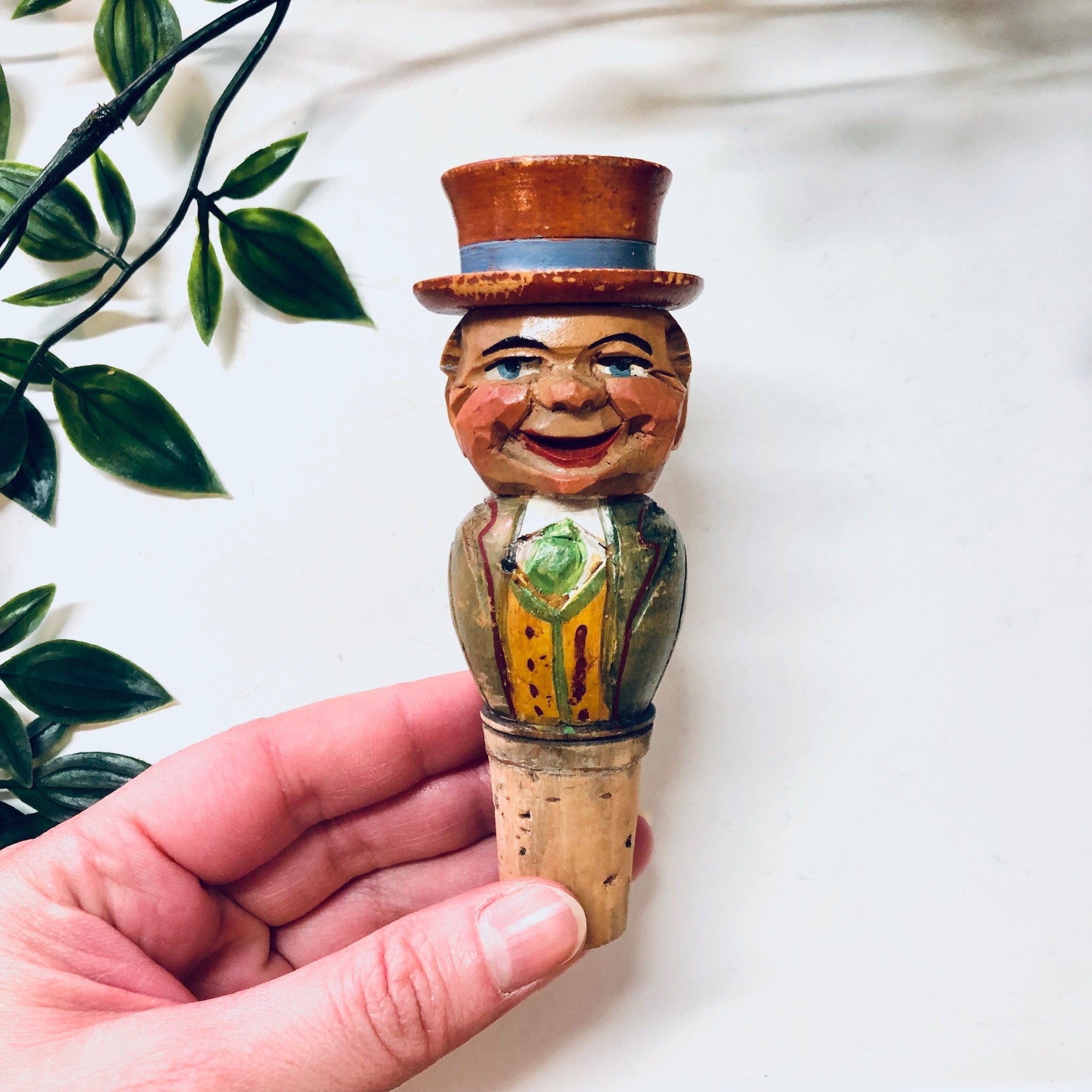 Anri Bottle Stop, Cork Bottle Stop, Hand Carved Wood, Wooden Bottle Stop, Anri Mechanical Stopper, Vintage Home Decor, Wine Stopper, Cork