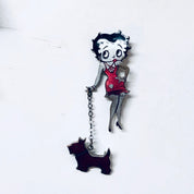 Betty Boop Pin, Vintage Pin, Betty Boop With Dog, Flapper Girl, Silver Tone Pin, Red, Silver, Black, Dog, Retro Jewelry, Vintage Jewelry