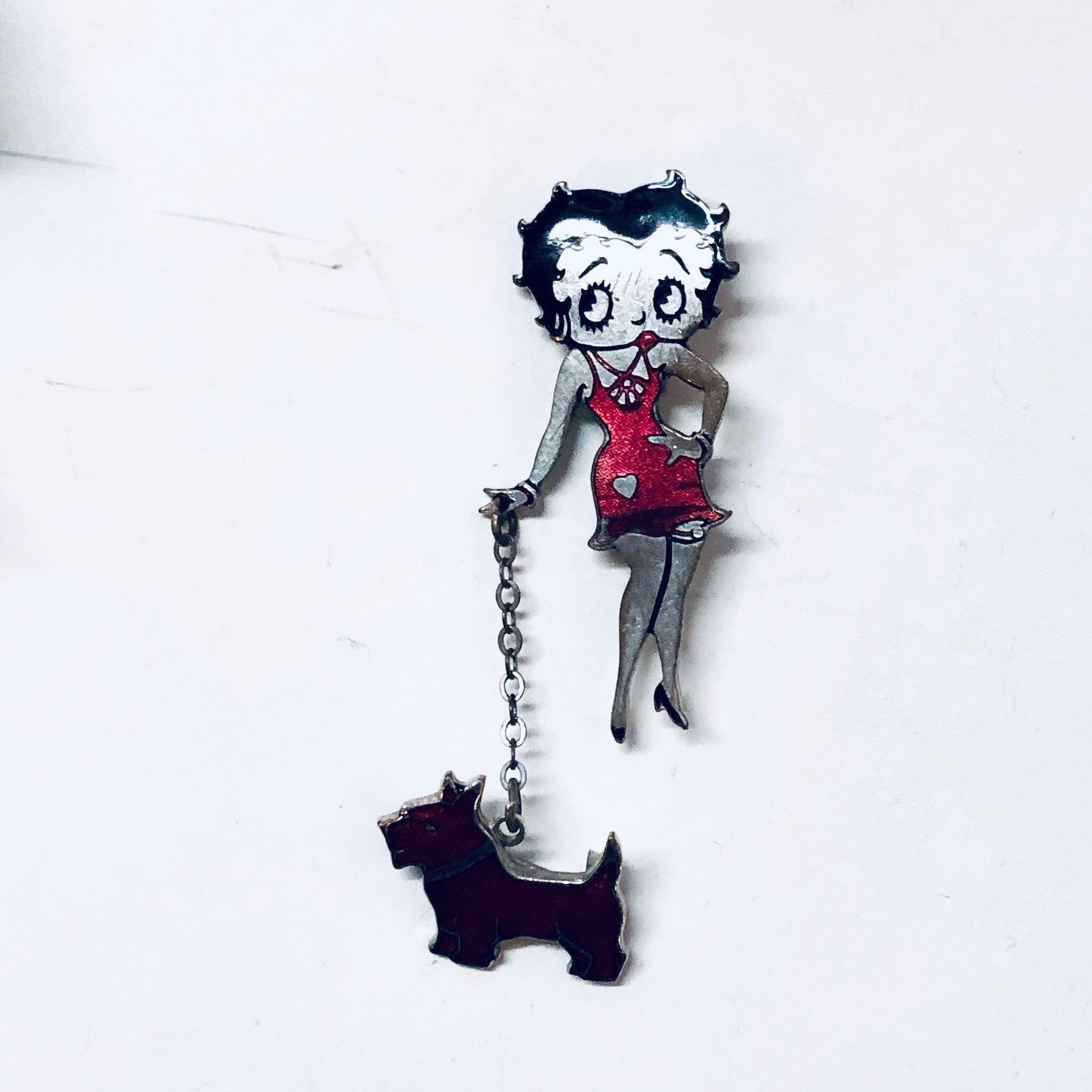 Betty Boop Pin, Vintage Pin, Betty Boop With Dog, Flapper Girl, Silver Tone Pin, Red, Silver, Black, Dog, Retro Jewelry, Vintage Jewelry
