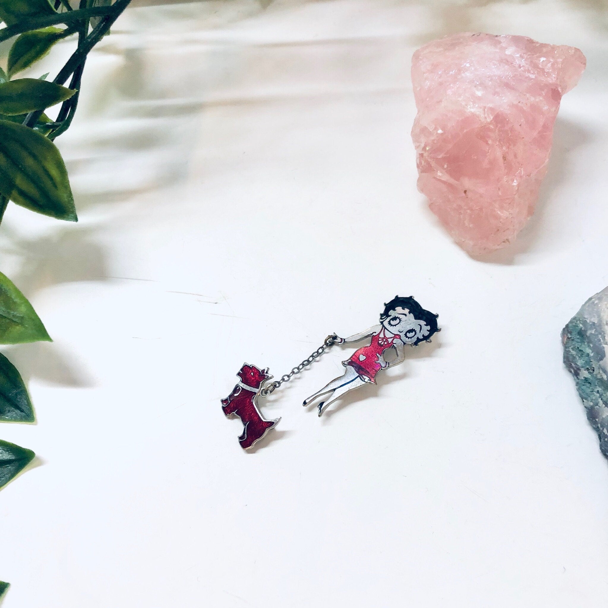 Betty Boop Pin, Vintage Pin, Betty Boop With Dog, Flapper Girl, Silver Tone Pin, Red, Silver, Black, Dog, Retro Jewelry, Vintage Jewelry